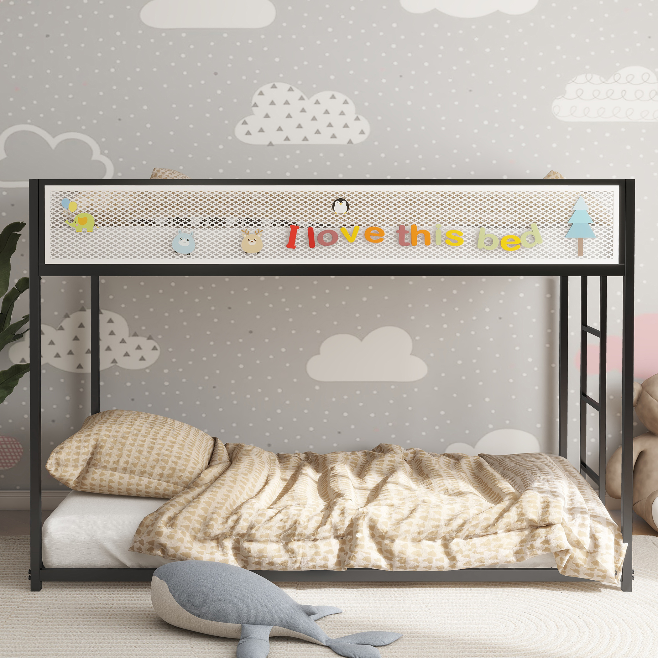 Adam Twin Over Twin Bunk Bed Metal Black with White Mesh Guard Rail for Kids and Adult, Low Profile and Easy Climbing with Stable Ladder - Image 2
