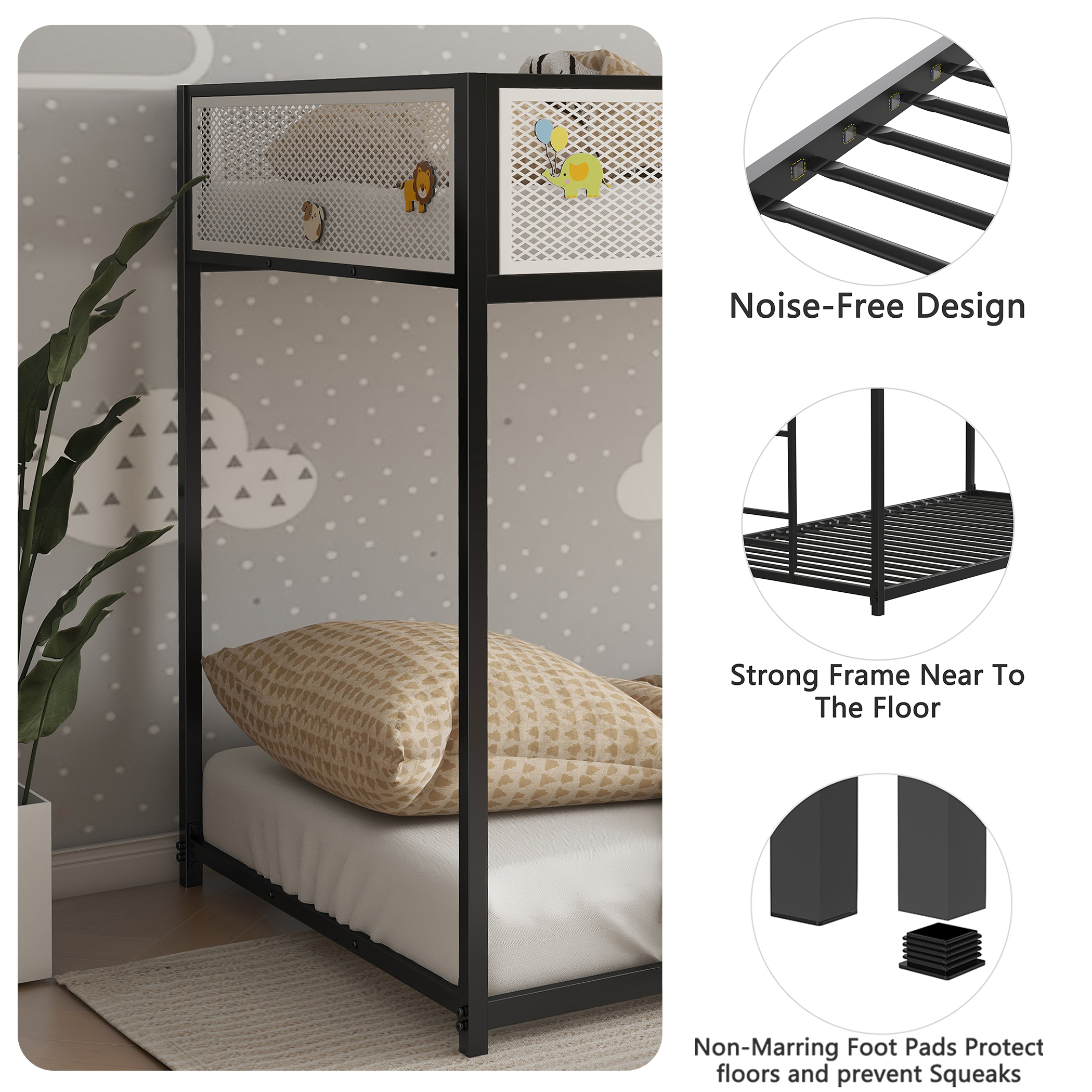 Adam Twin Over Twin Bunk Bed Metal Black with White Mesh Guard Rail for Kids and Adult, Low Profile and Easy Climbing with Stable Ladder - Image 3