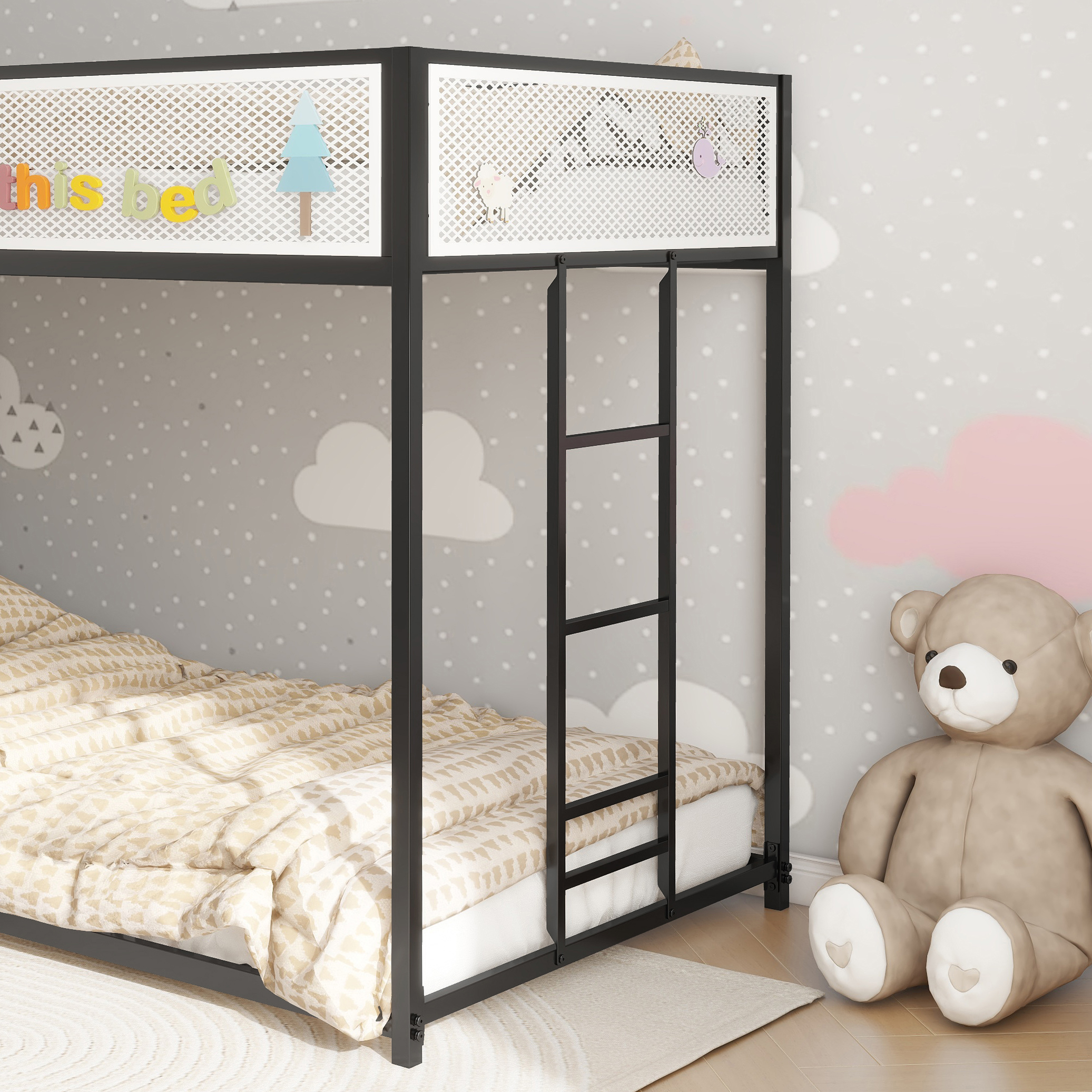 Adam Twin Over Twin Bunk Bed Metal Black with White Mesh Guard Rail for Kids and Adult, Low Profile and Easy Climbing with Stable Ladder - Image 4