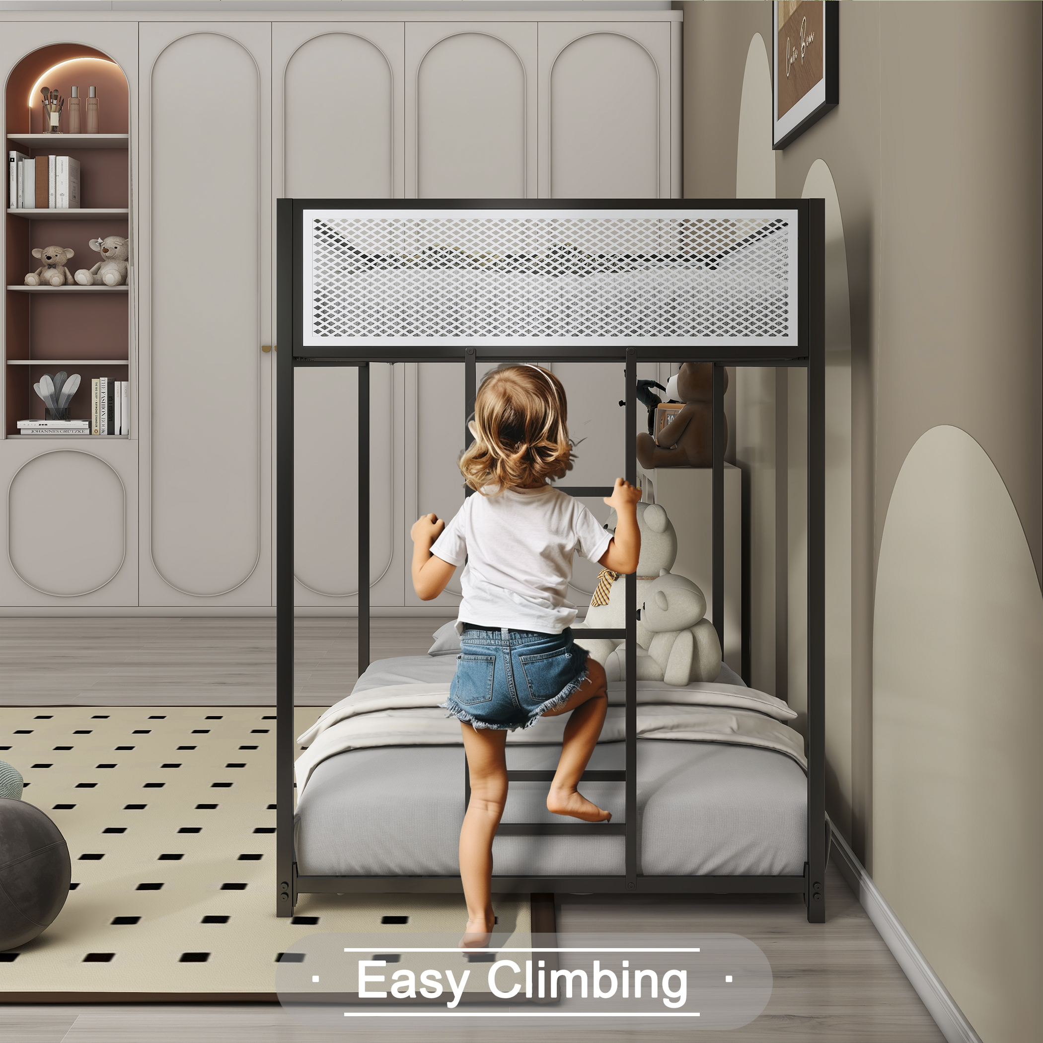 Adam Twin Over Twin Bunk Bed Metal Black with White Mesh Guard Rail for Kids and Adult, Low Profile and Easy Climbing with Stable Ladder - Image 5