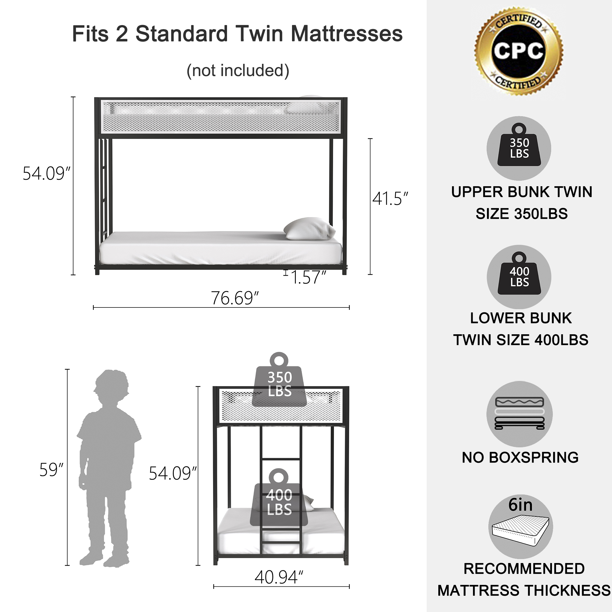 Adam Twin Over Twin Bunk Bed Metal Black with White Mesh Guard Rail for Kids and Adult, Low Profile and Easy Climbing with Stable Ladder - Image 6
