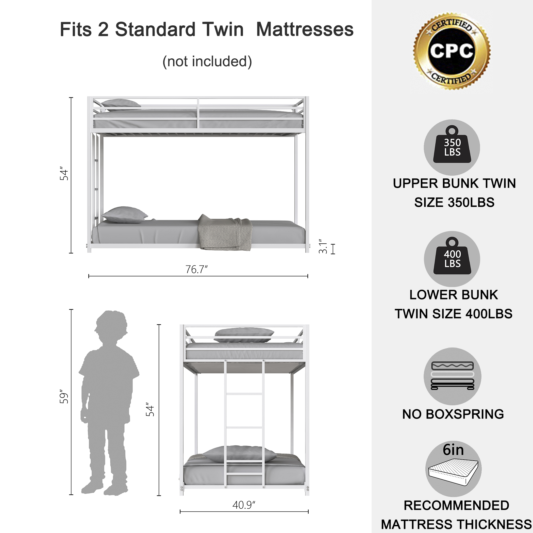 Same as B083P160613 Adam Sturdy Twin over Twin Bunk Bed Metal White for Kids and Adult, Low Profile and Easy Climbing with Stable Ladder - Image 5