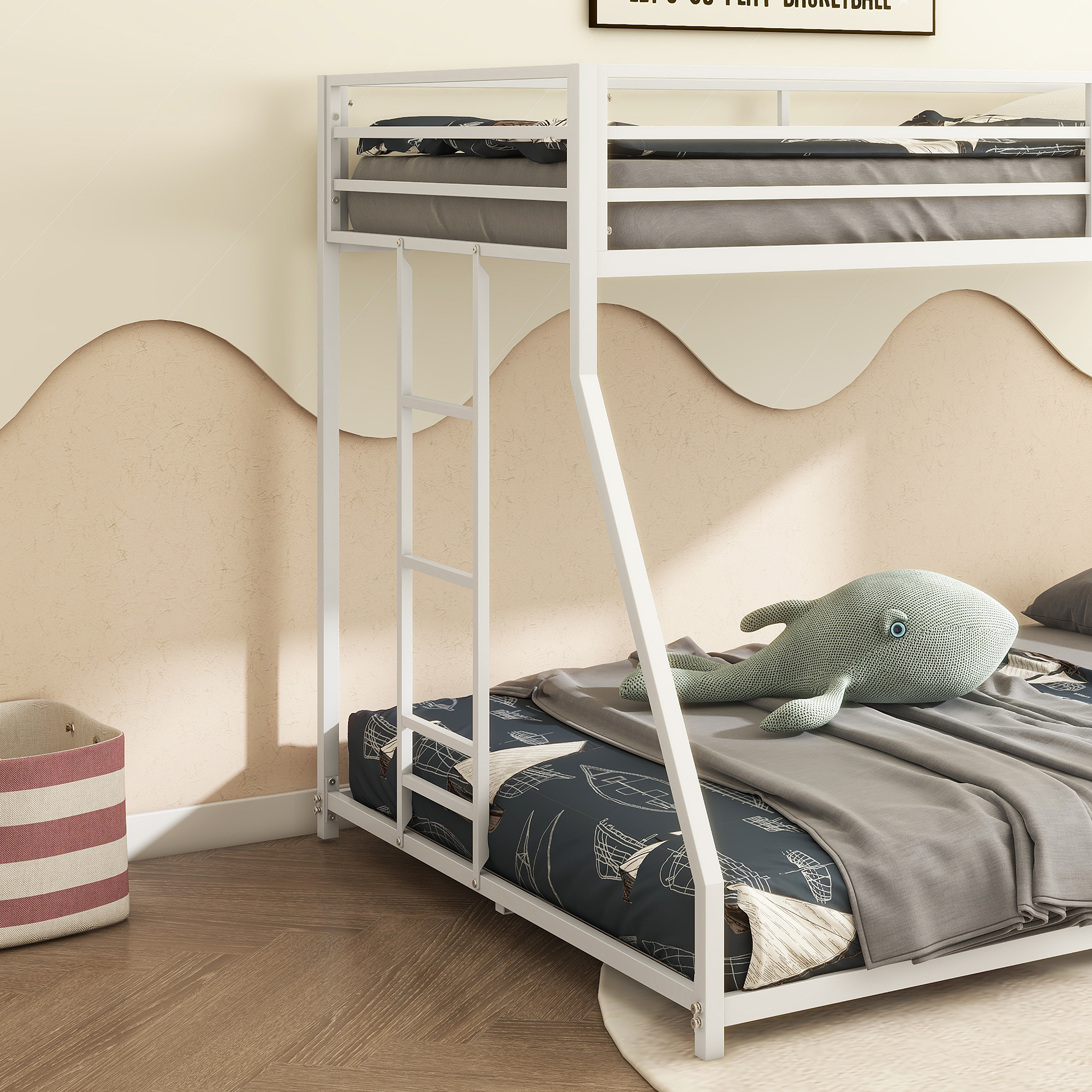 Same as B083P160614 Adam Sturdy Twin over Full Bunk Bed Metal White for Kids and Adult, Low Profile and Easy Climbing with Stable Ladder - Image 2