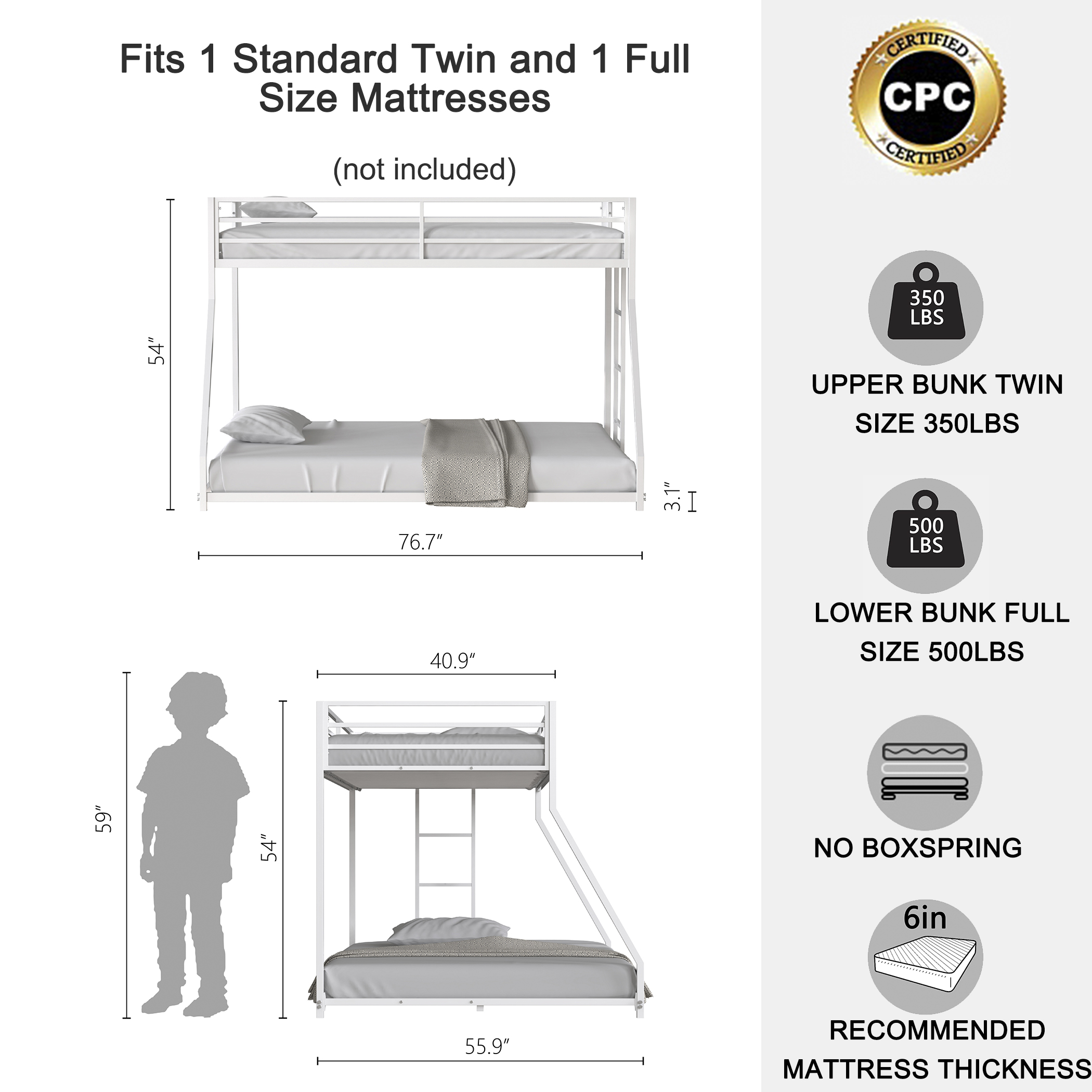 Same as B083P160614 Adam Sturdy Twin over Full Bunk Bed Metal White for Kids and Adult, Low Profile and Easy Climbing with Stable Ladder - Image 5