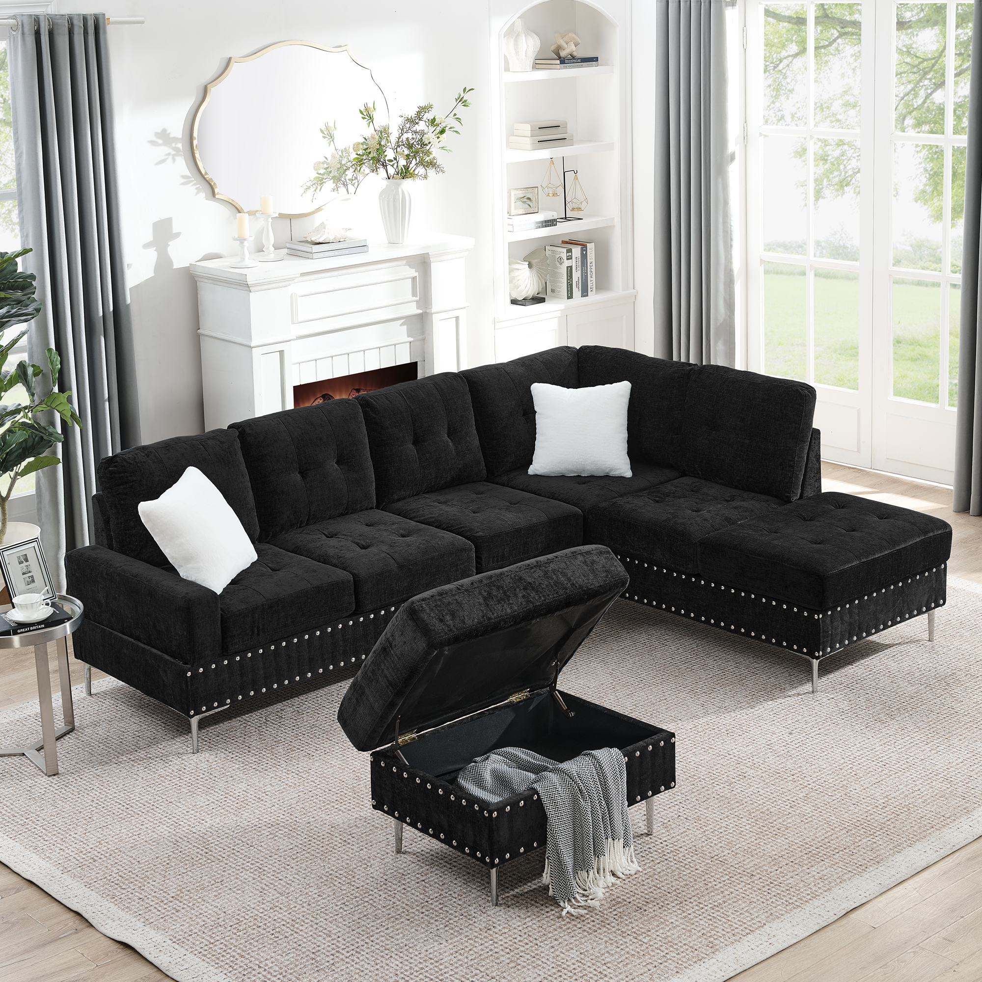 Sectional 3-Seaters Sofa with Chaise, Storage Ottoman, Metal Legs and Copper Nails,Two White Pillows ,Black(102" x 76" x35") - Image 2