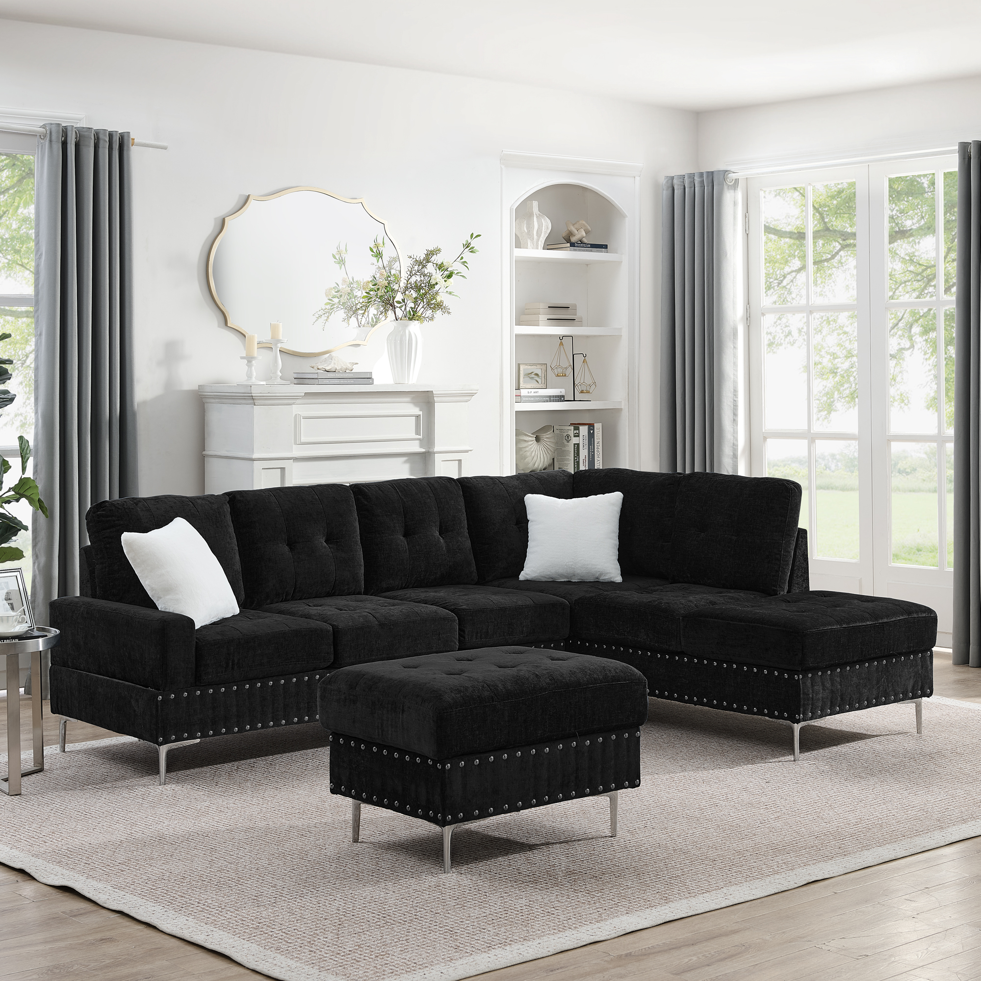 Sectional 3-Seaters Sofa with Chaise, Storage Ottoman, Metal Legs and Copper Nails,Two White Pillows ,Black(102" x 76" x35") - Image 3