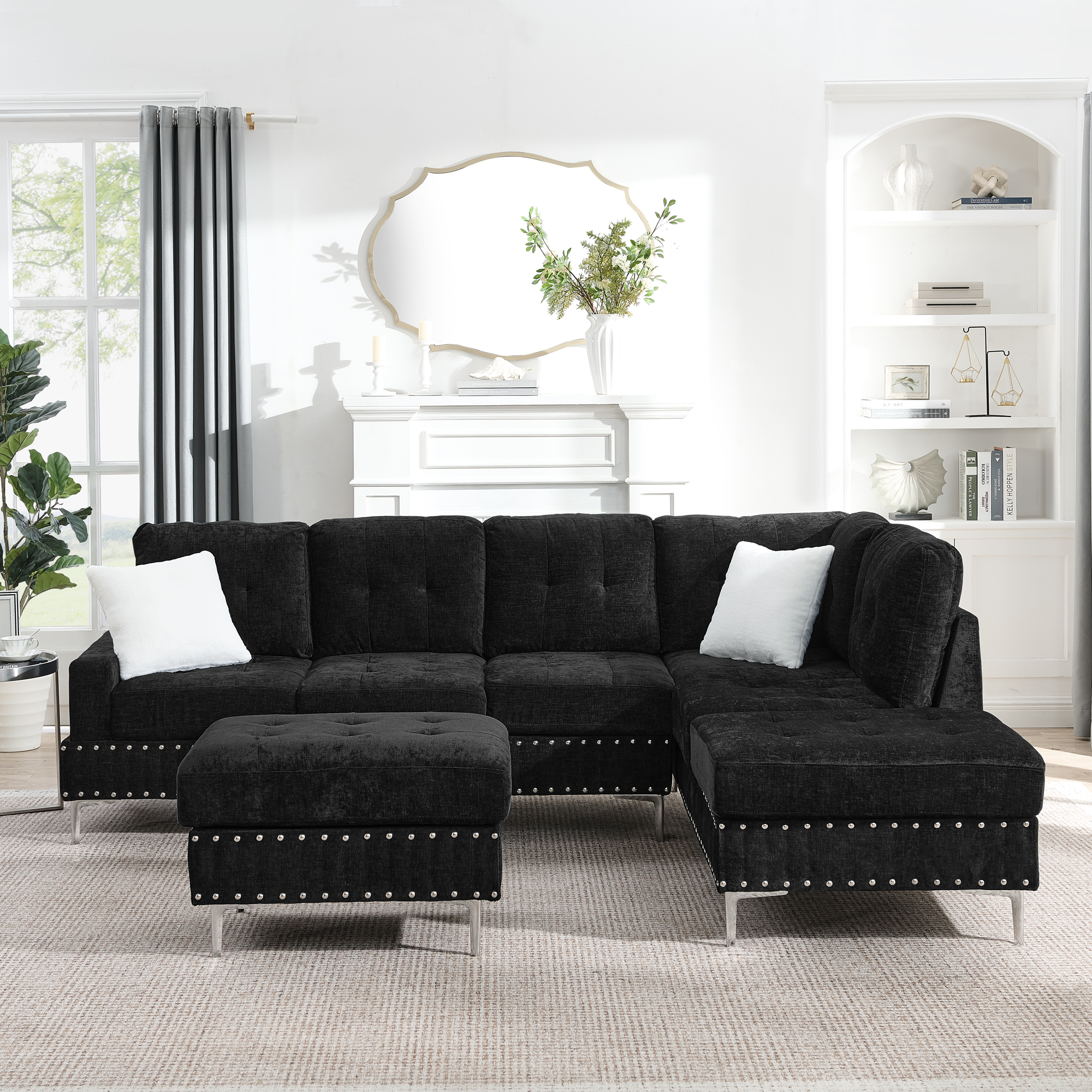 Sectional 3-Seaters Sofa with Chaise, Storage Ottoman, Metal Legs and Copper Nails,Two White Pillows ,Black(102" x 76" x35") - Image 4