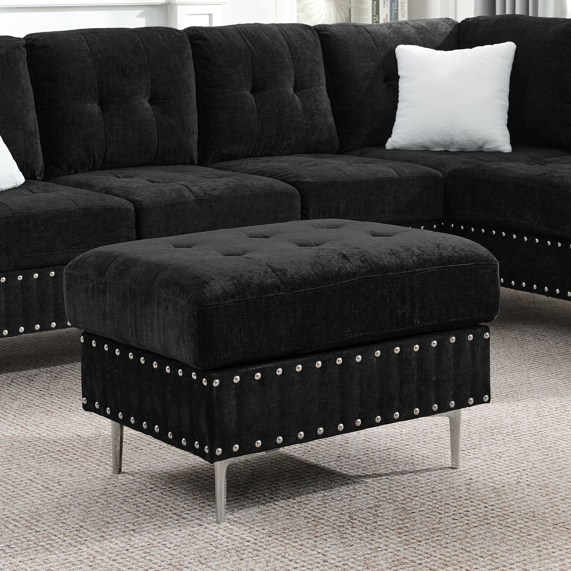 Sectional 3-Seaters Sofa with Chaise, Storage Ottoman, Metal Legs and Copper Nails,Two White Pillows ,Black(102" x 76" x35") - Image 5