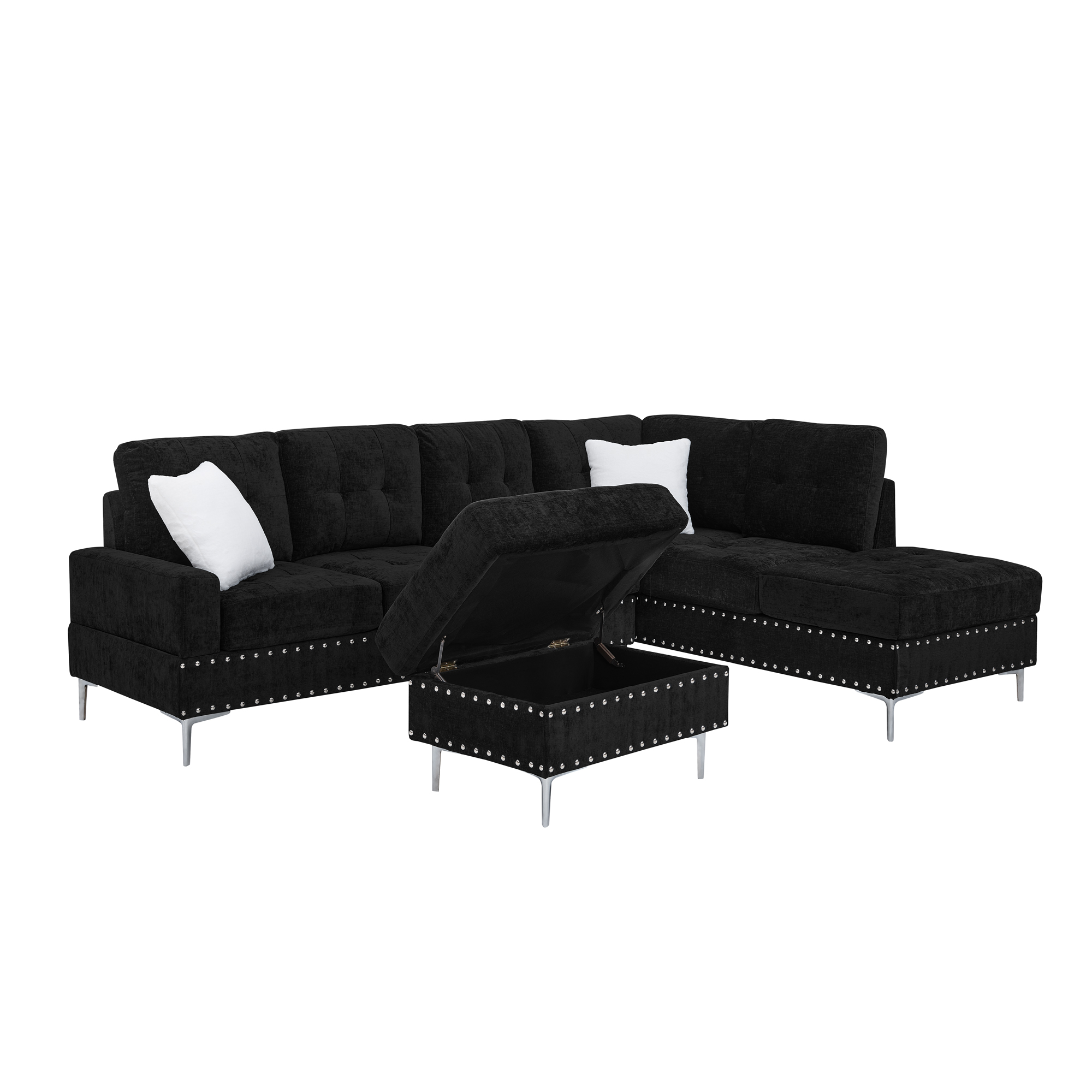 Sectional 3-Seaters Sofa with Chaise, Storage Ottoman, Metal Legs and Copper Nails,Two White Pillows ,Black(102" x 76" x35") - Image 6