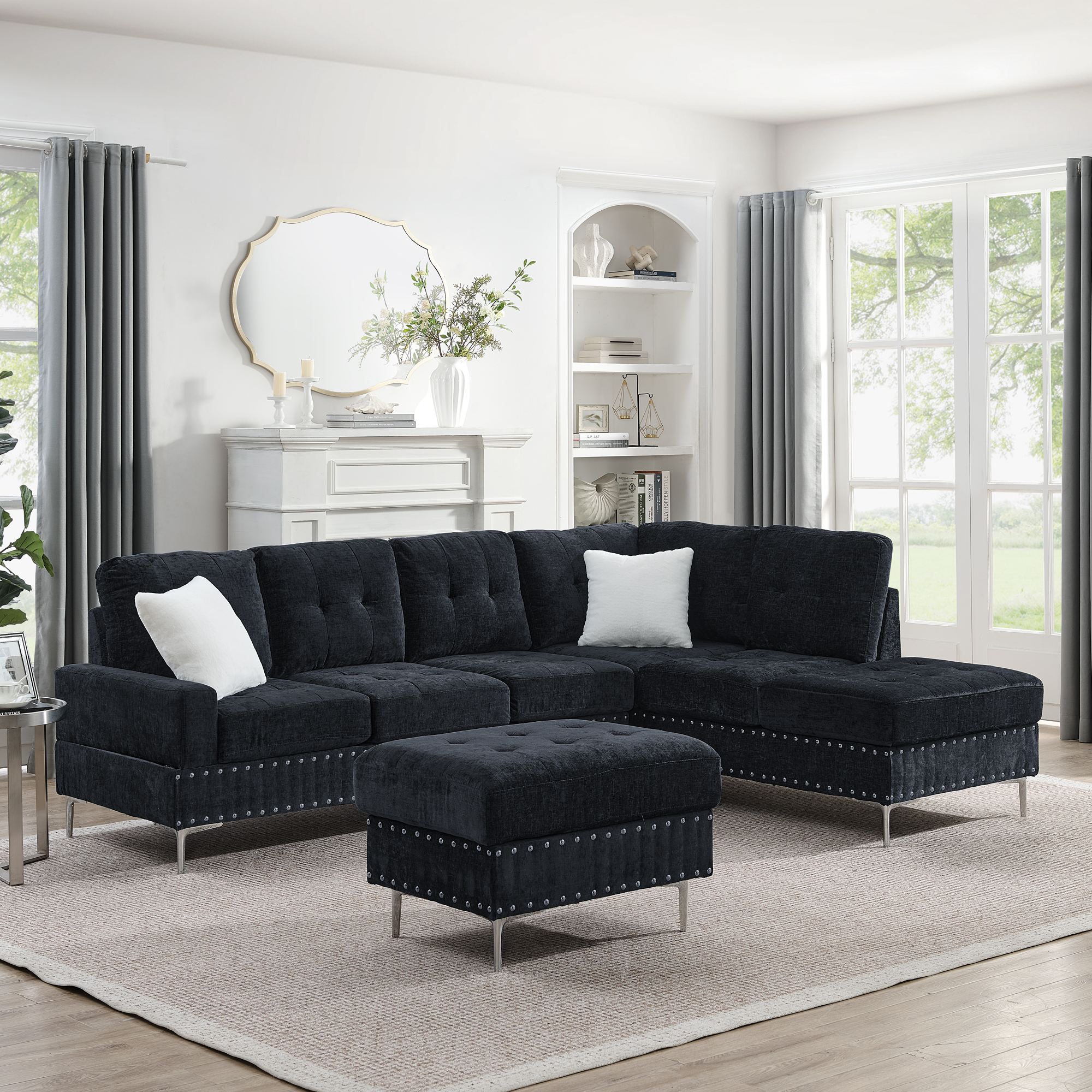 Sectional 3-Seaters Sofa with Chaise, Storage Ottoman, Metal Legs and Copper Nails,Two White Pillows ,Navy Bule(102" x 76" x35") - Image 2