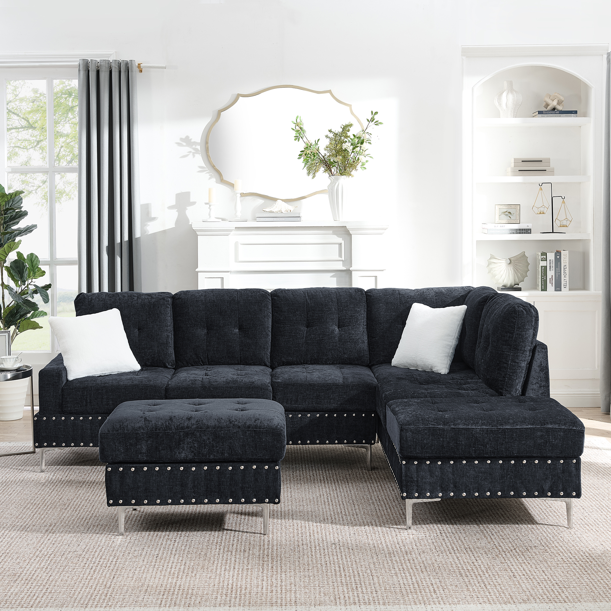 Sectional 3-Seaters Sofa with Chaise, Storage Ottoman, Metal Legs and Copper Nails,Two White Pillows ,Navy Bule(102" x 76" x35") - Image 3