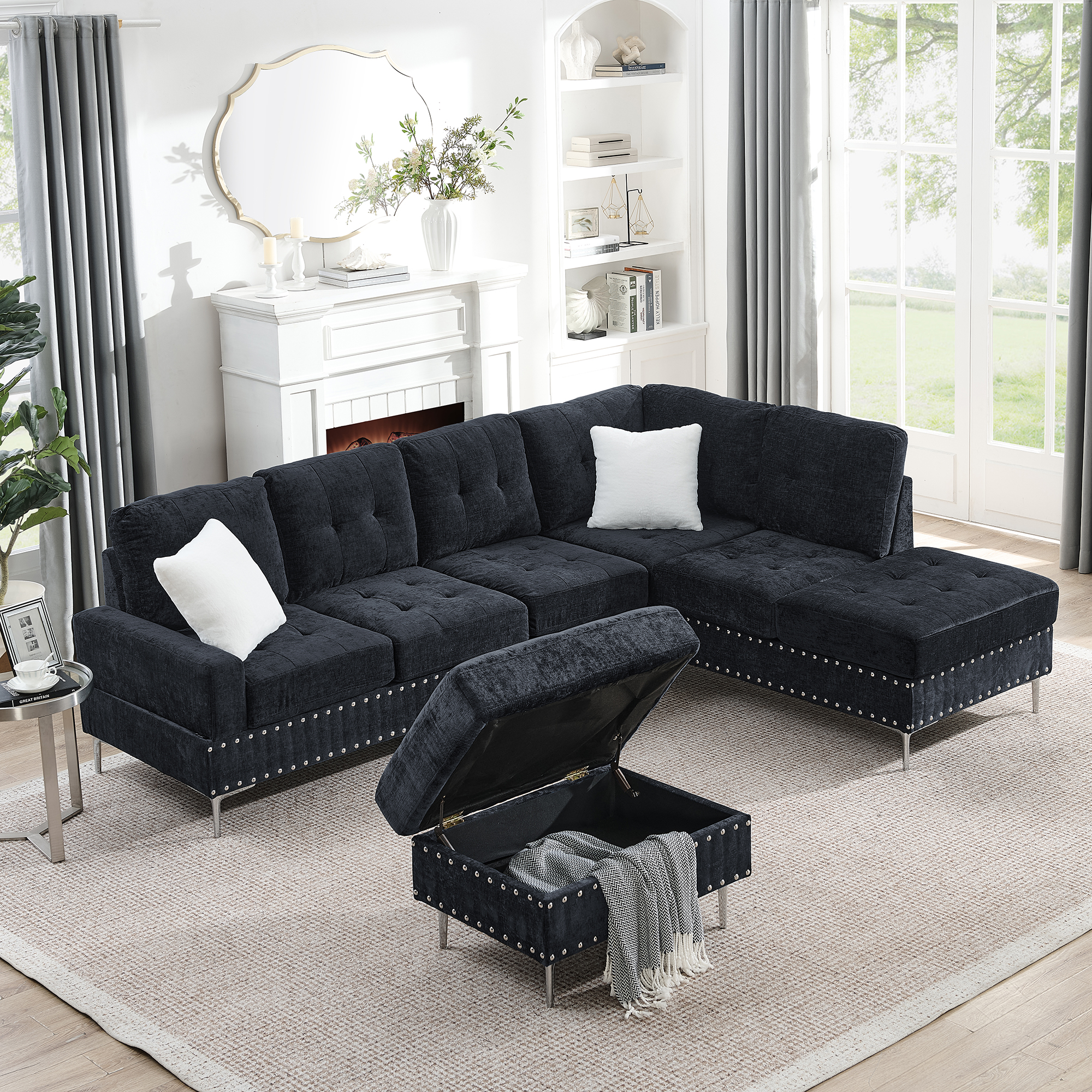 Sectional 3-Seaters Sofa with Chaise, Storage Ottoman, Metal Legs and Copper Nails,Two White Pillows ,Navy Bule(102" x 76" x35") - Image 4