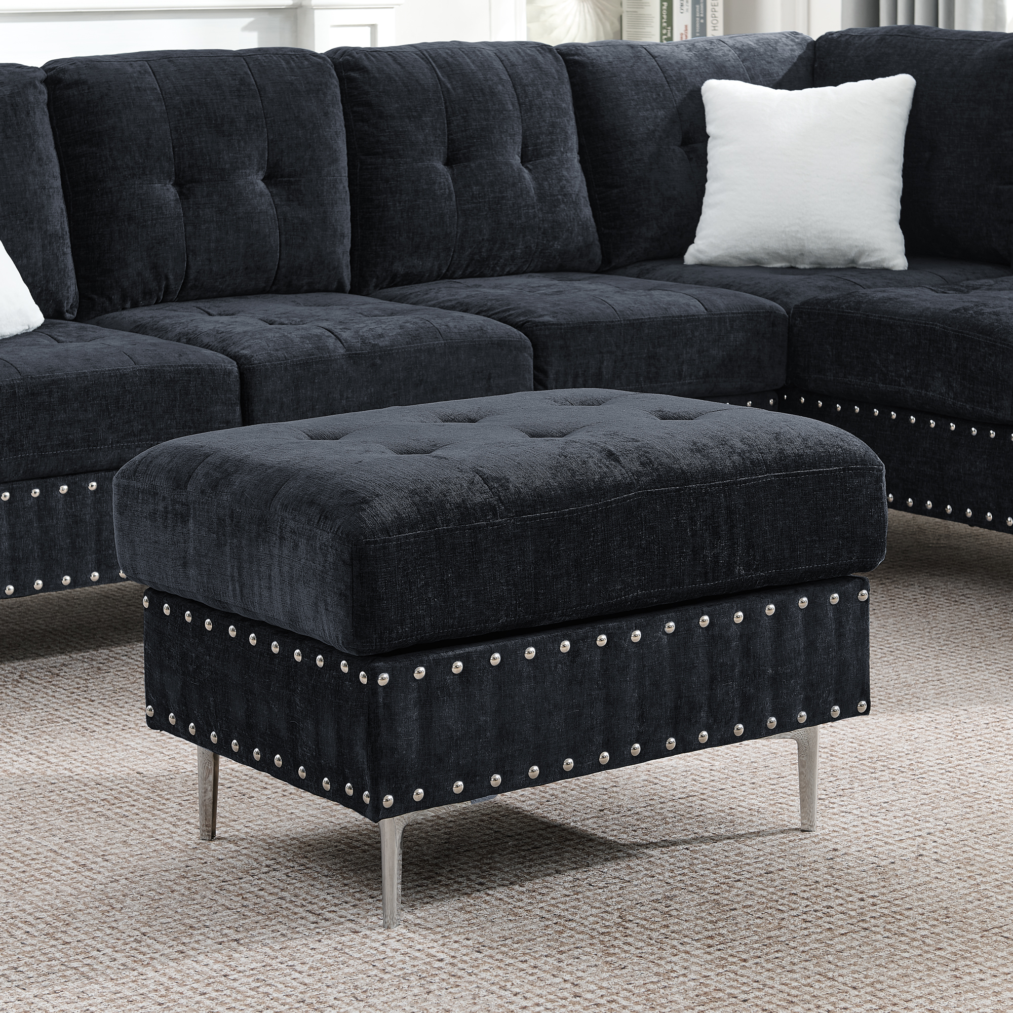 Sectional 3-Seaters Sofa with Chaise, Storage Ottoman, Metal Legs and Copper Nails,Two White Pillows ,Navy Bule(102" x 76" x35") - Image 5