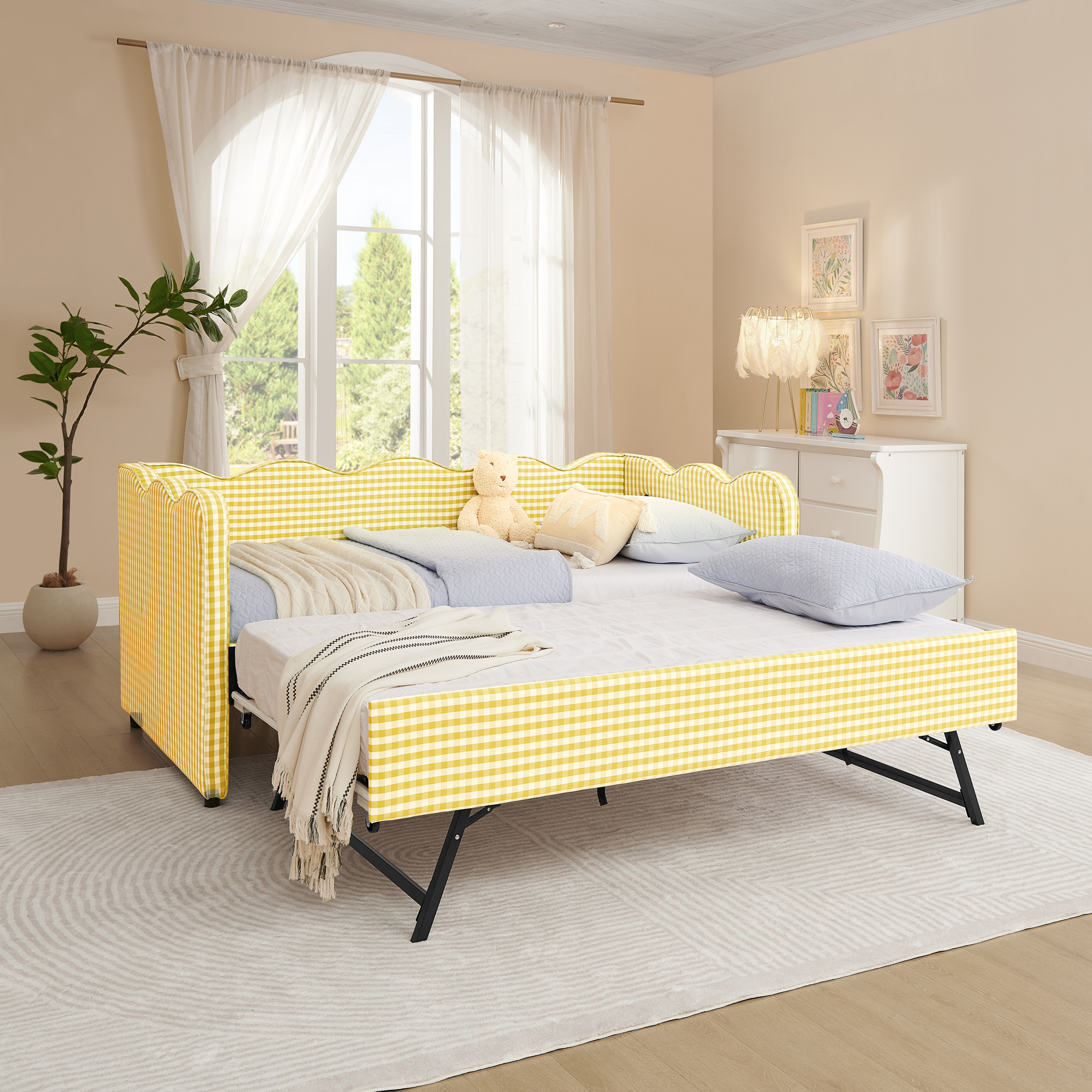Cozy Gingham Daybed with Trundle Twin Size Sofa Bed No Box Spring Needed, with USB Port and Adorable Wave Shaped, Linen Fabric - Image 2