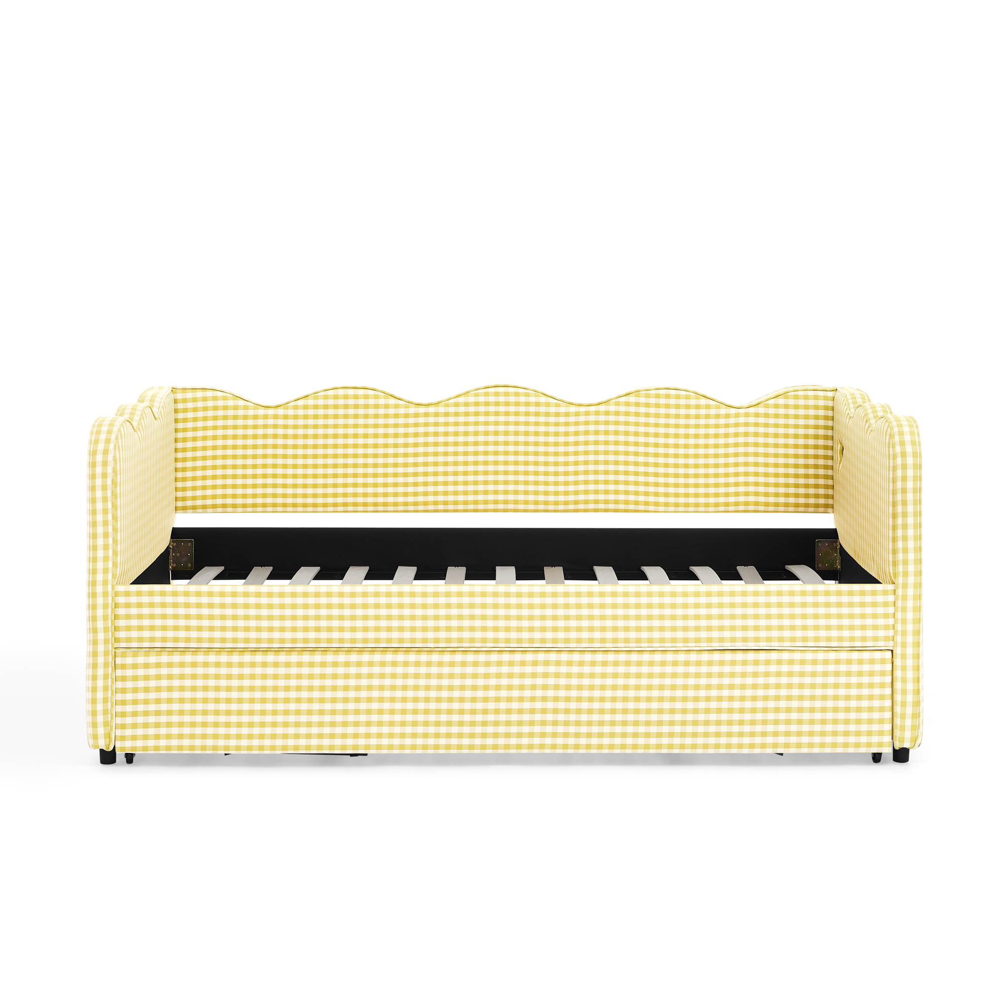 Cozy Gingham Daybed with Trundle Twin Size Sofa Bed No Box Spring Needed, with USB Port and Adorable Wave Shaped, Linen Fabric - Image 3