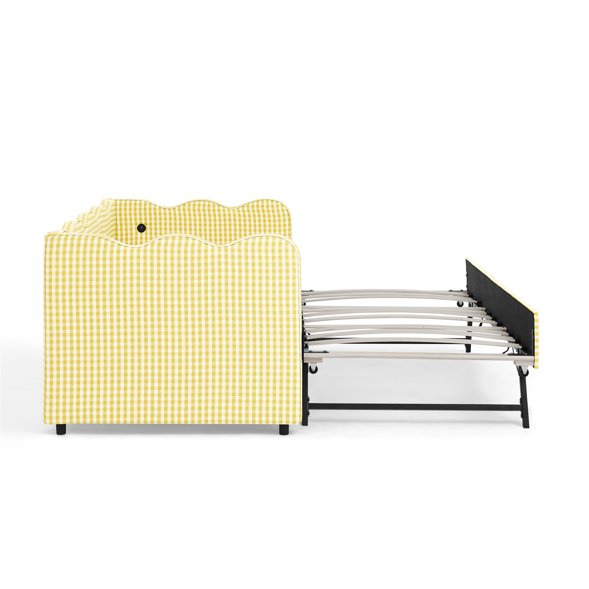 Cozy Gingham Daybed with Trundle Twin Size Sofa Bed No Box Spring Needed, with USB Port and Adorable Wave Shaped, Linen Fabric - Image 4
