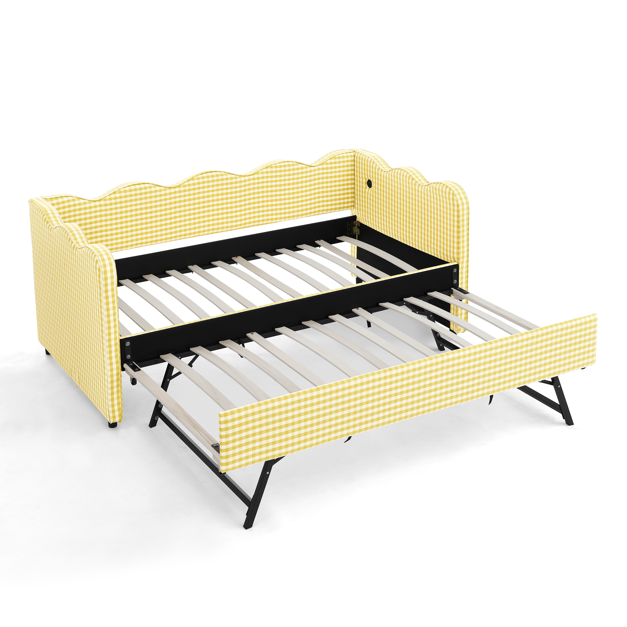 Cozy Gingham Daybed with Trundle Twin Size Sofa Bed No Box Spring Needed, with USB Port and Adorable Wave Shaped, Linen Fabric - Image 5