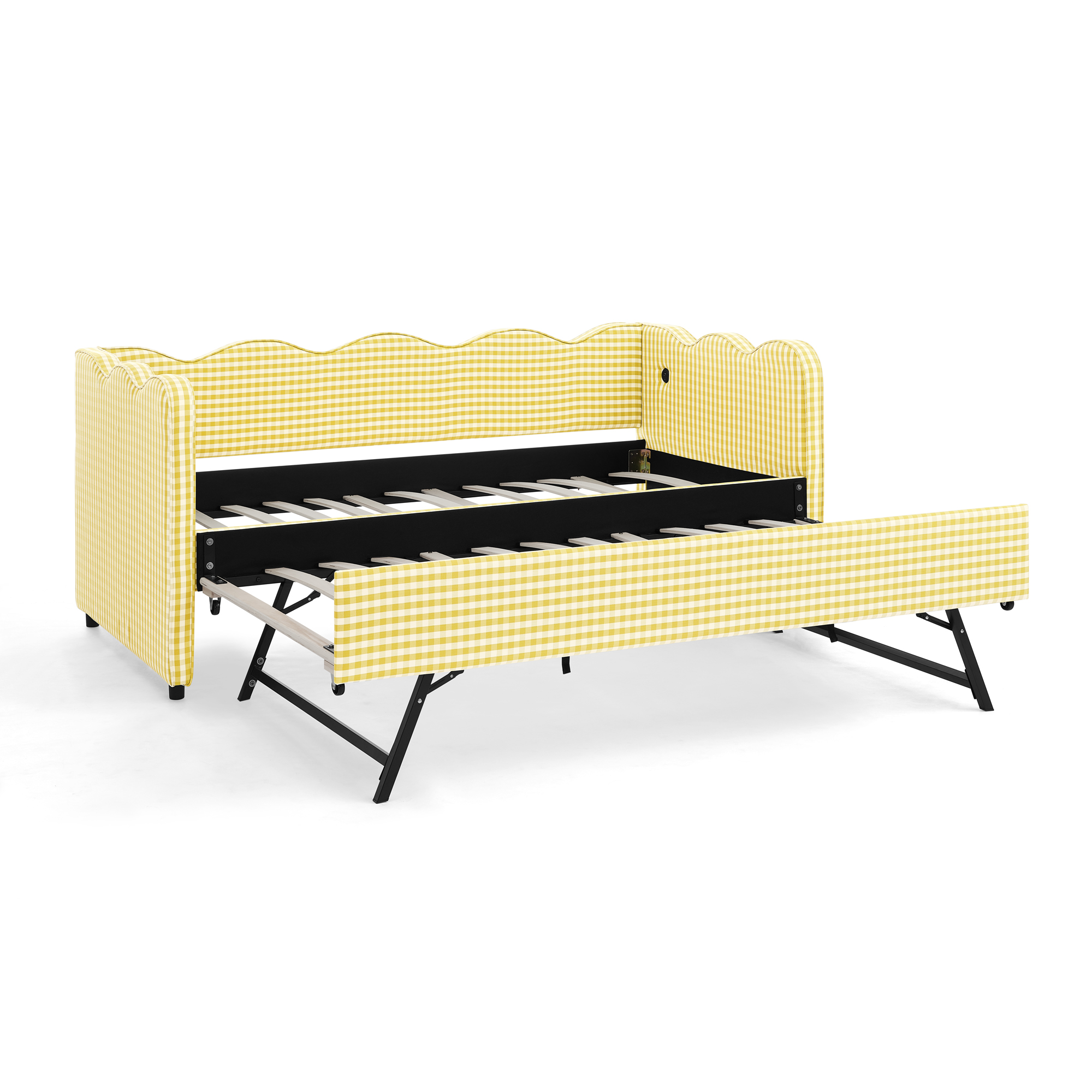 Cozy Gingham Daybed with Trundle Twin Size Sofa Bed No Box Spring Needed, with USB Port and Adorable Wave Shaped, Linen Fabric - Image 6