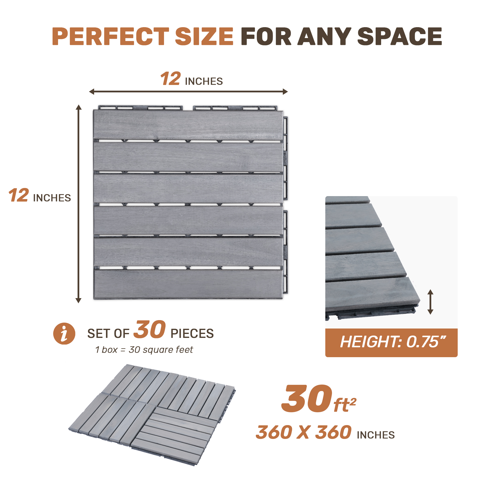 30 PCS Interlocking Deck Tiles Striped Pattern, 12" x 12" Square Light Gray Acacia Hardwood Outdoor Flooring for Patio, Bancony, Pool Side,... - Image 2