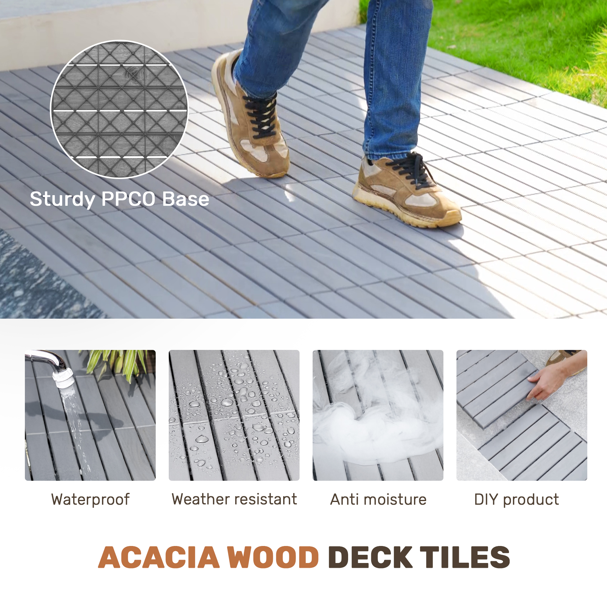 30 PCS Interlocking Deck Tiles Striped Pattern, 12" x 12" Square Light Gray Acacia Hardwood Outdoor Flooring for Patio, Bancony, Pool Side,... - Image 3