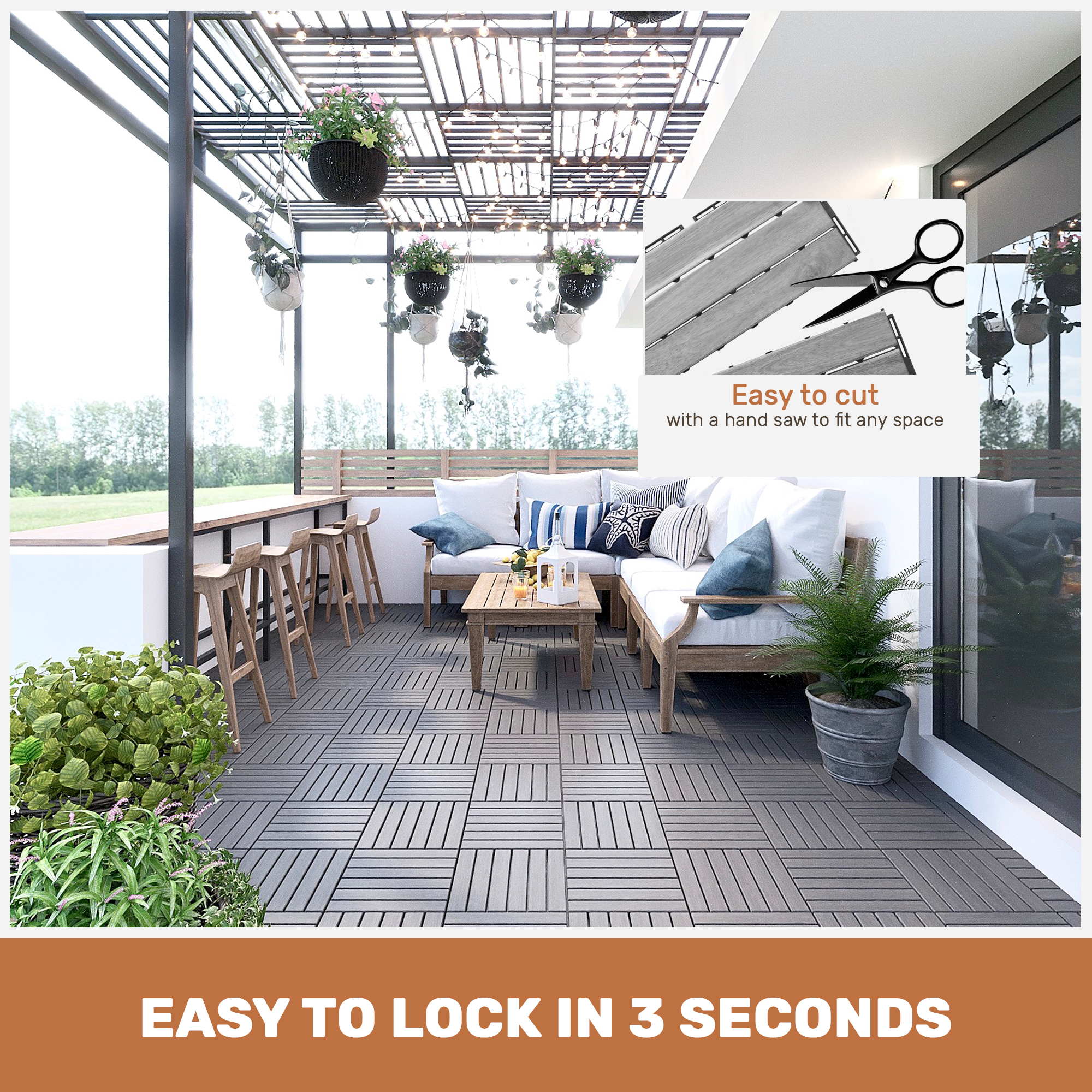 30 PCS Interlocking Deck Tiles Striped Pattern, 12" x 12" Square Light Gray Acacia Hardwood Outdoor Flooring for Patio, Bancony, Pool Side,... - Image 4