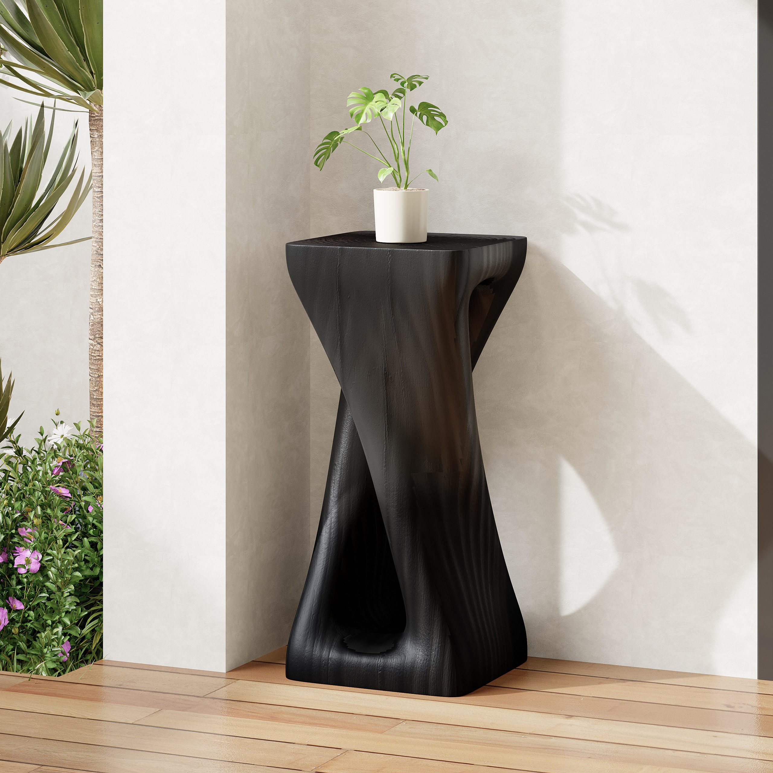 Outdoor Side Table,Twist Shape End Table,Decorative Accent Table,Garden Stool Table for Patio Balcony Beach Pool Side,Lightweight Concrete,Wood Like Texture,Black Color - Image 3