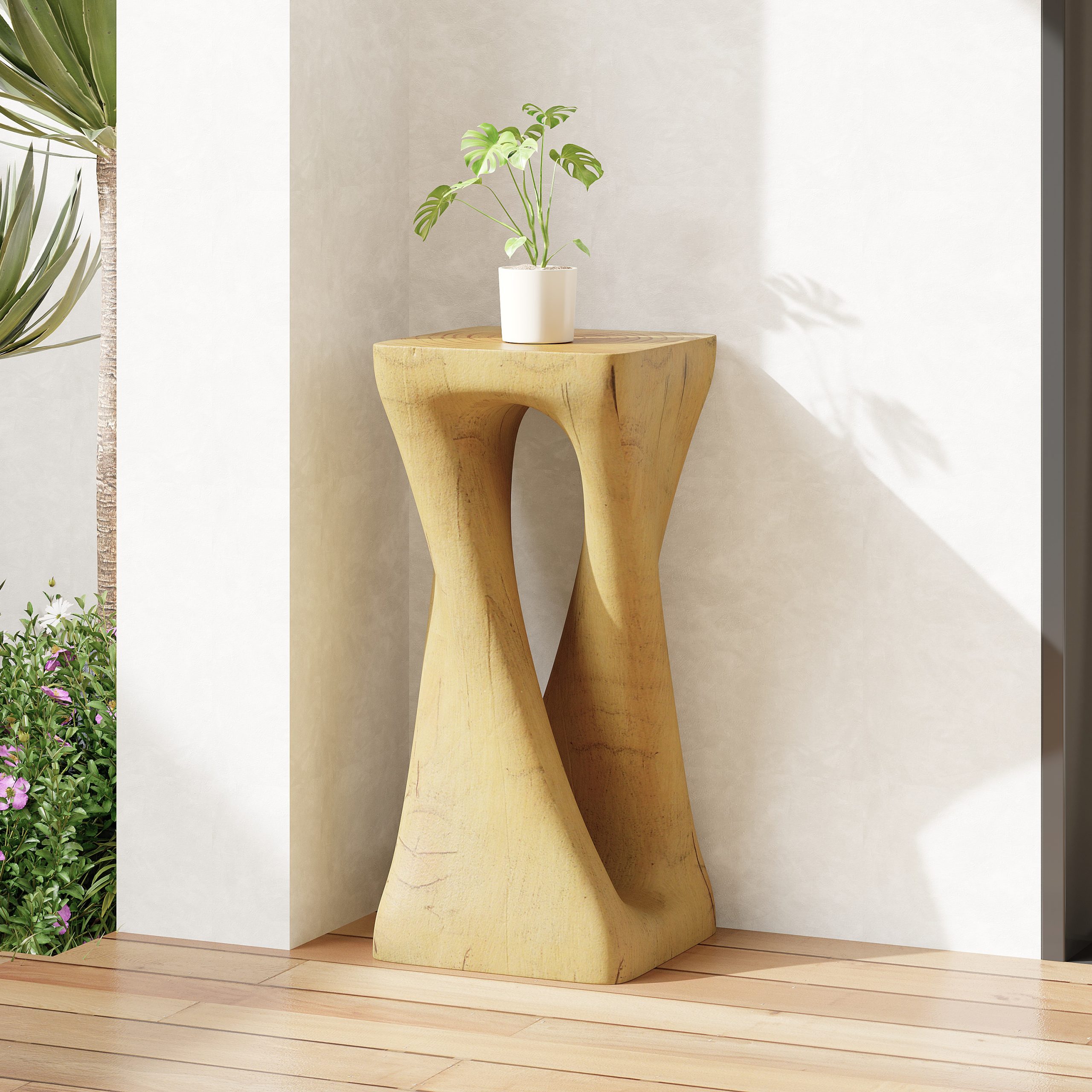 Outdoor Side Table,Twist Shape End Table,Decorative Accent Table,Garden Stool Table for Patio Balcony Beach Pool Side,Lightweight Concrete,Wood Like Texture,Natural Color - Image 3