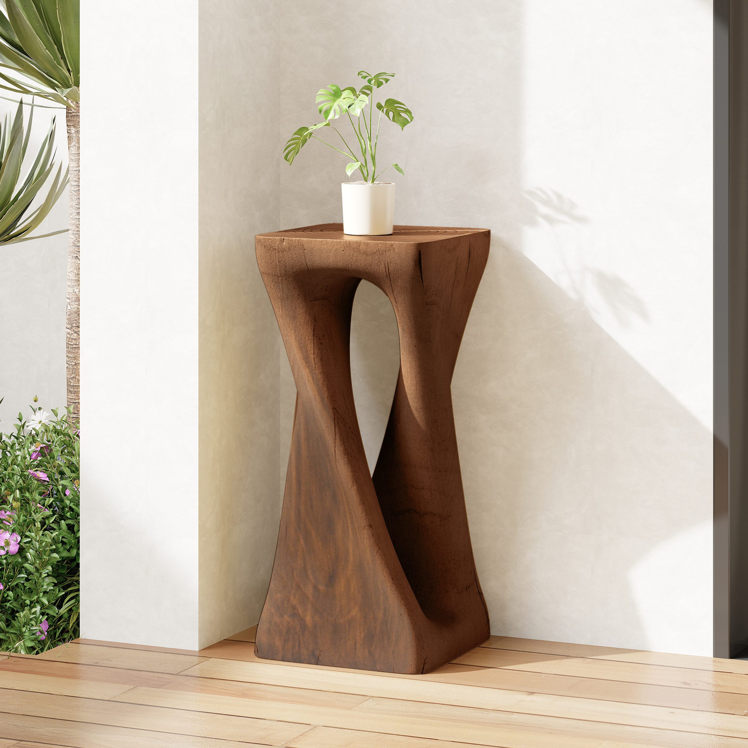 Outdoor Side Table,Twist Shape End Table,Decorative Accent Table,Garden Stool Table for Patio Balcony Beach Pool Side,Lightweight Concrete,Wood Like Texture,Antique brown Color - Image 3