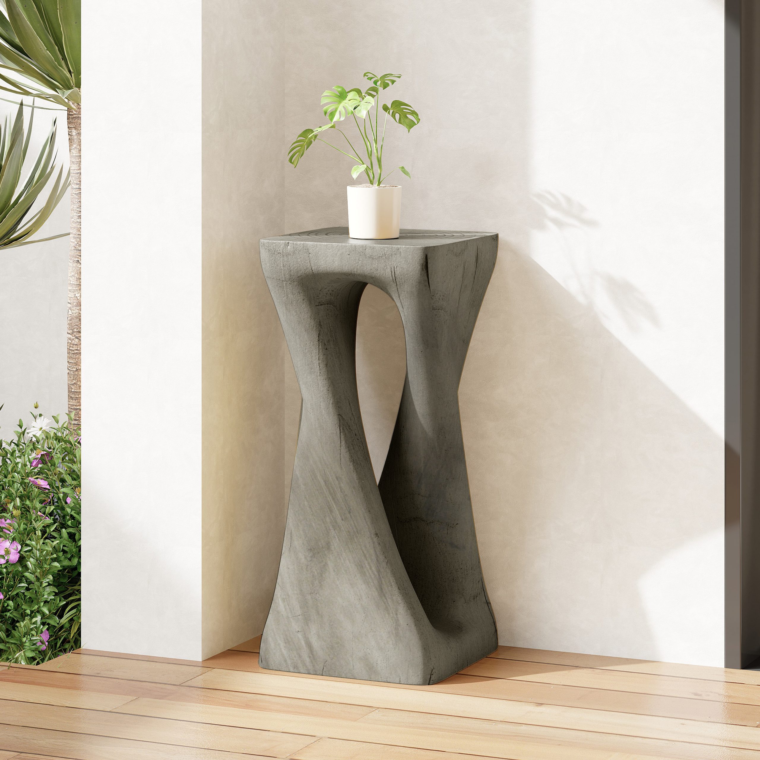 Outdoor Side Table,Twist Shape End Table,Decorative Accent Table,Garden Stool Table for Patio Balcony Beach Pool Side,Lightweight Concrete,Wood Like Texture,Grey Color - Image 3