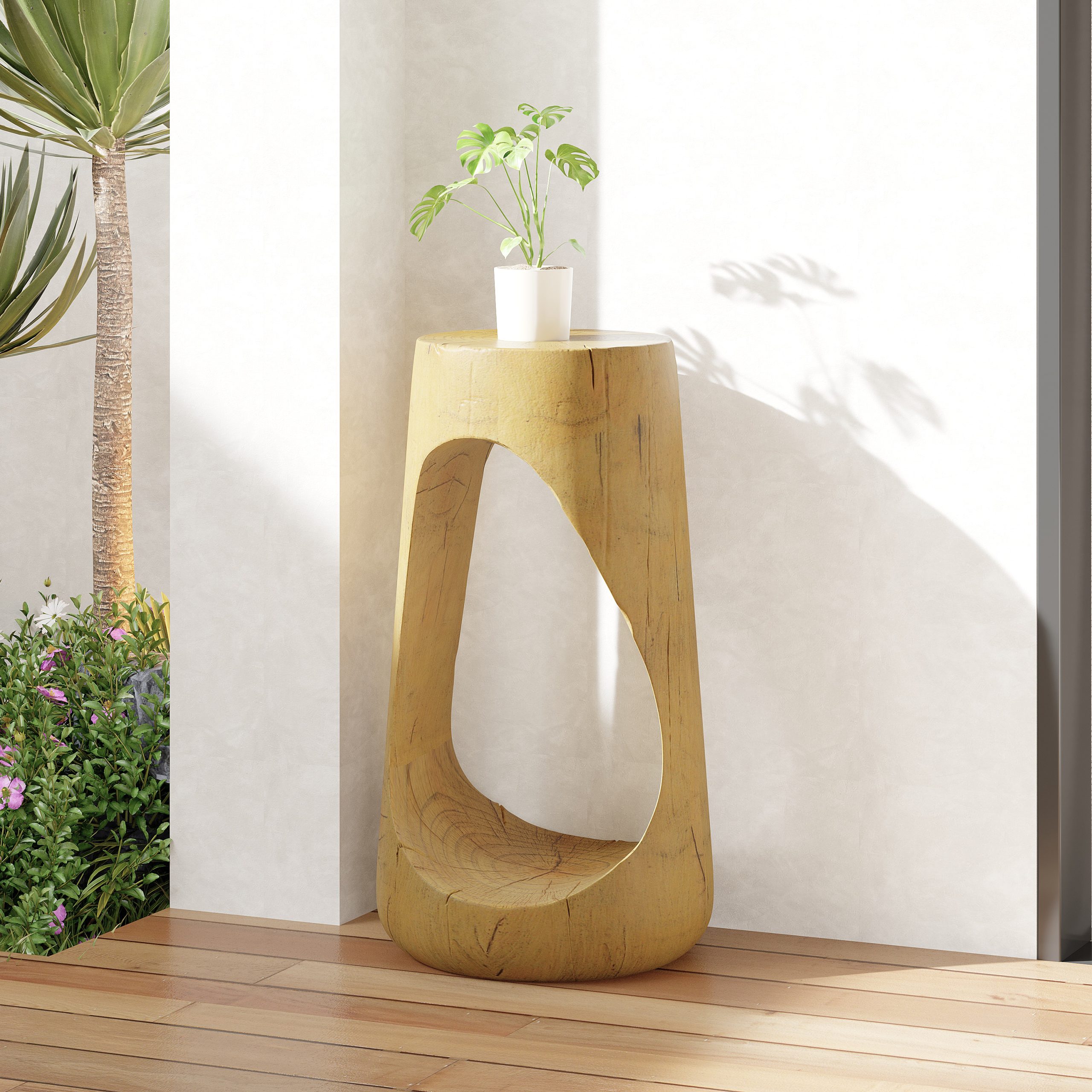 Outdoor Side Table,Hollow Design End Table,Patio Garden Stool Table,Decorative Accent Table for Patio Balcony Beach Pool Side,Lightweight Concrete,Wood Like Texture,Natural Color - Image 3