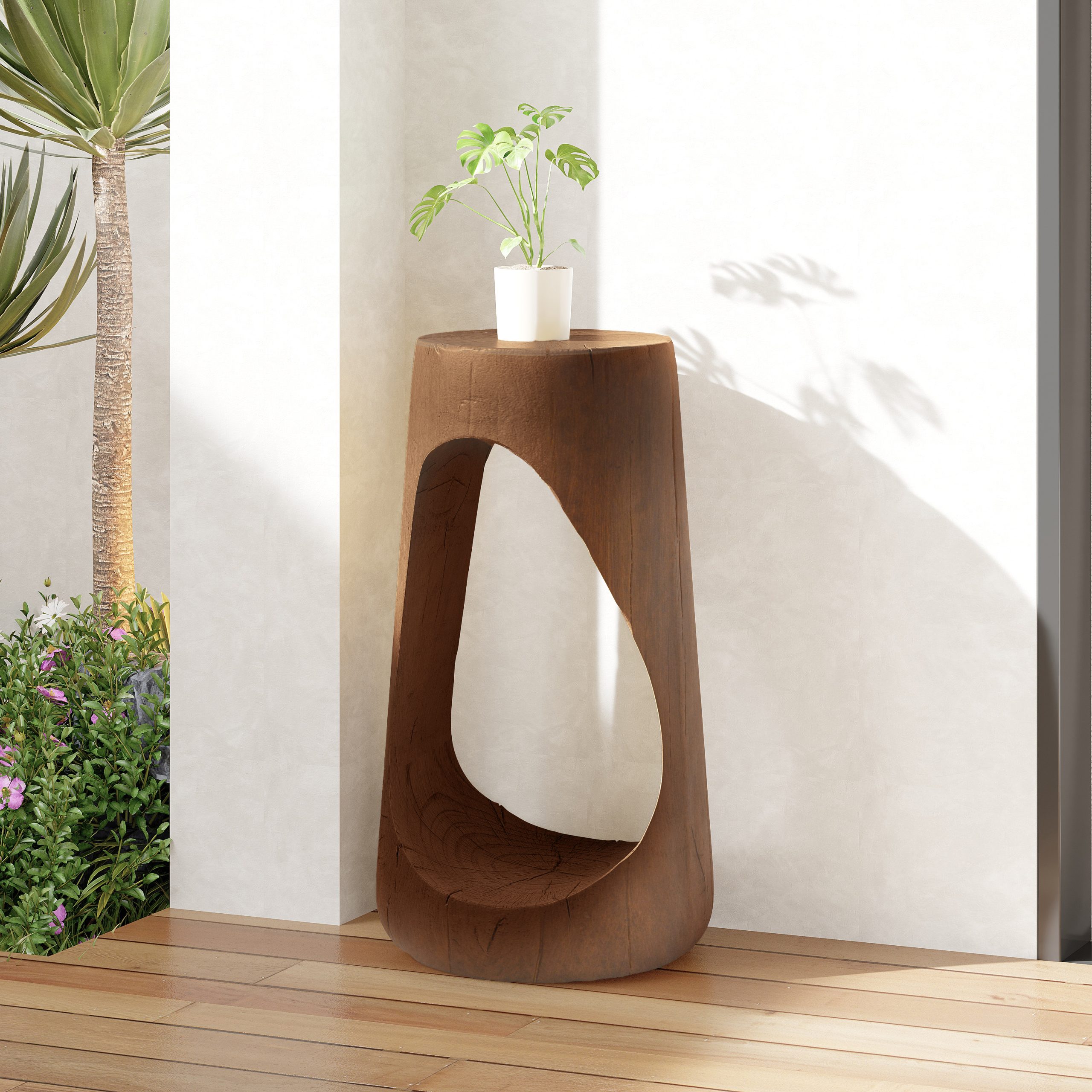 Outdoor Side Table,Hollow Design End Table,Patio Garden Stool Table,Decorative Accent Table for Patio Balcony Beach Pool Side,Lightweight Concrete,Wood Like Texture,Antique Brown Color - Image 3