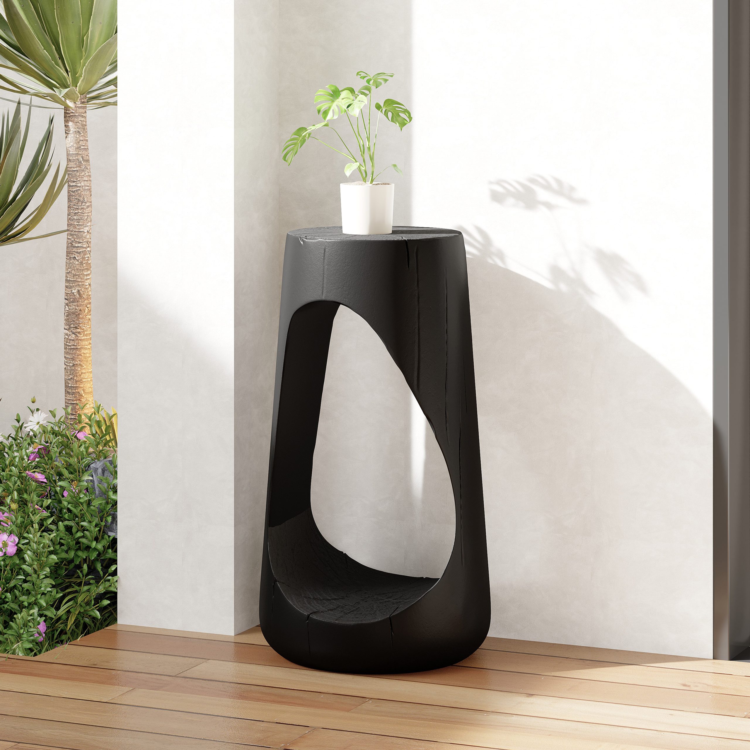 Outdoor Side Table,Hollow Design End Table,Patio Garden Stool Table,Decorative Accent Table for Patio Balcony Beach Pool Side,Lightweight Concrete,Wood Like Texture,Black Color - Image 3
