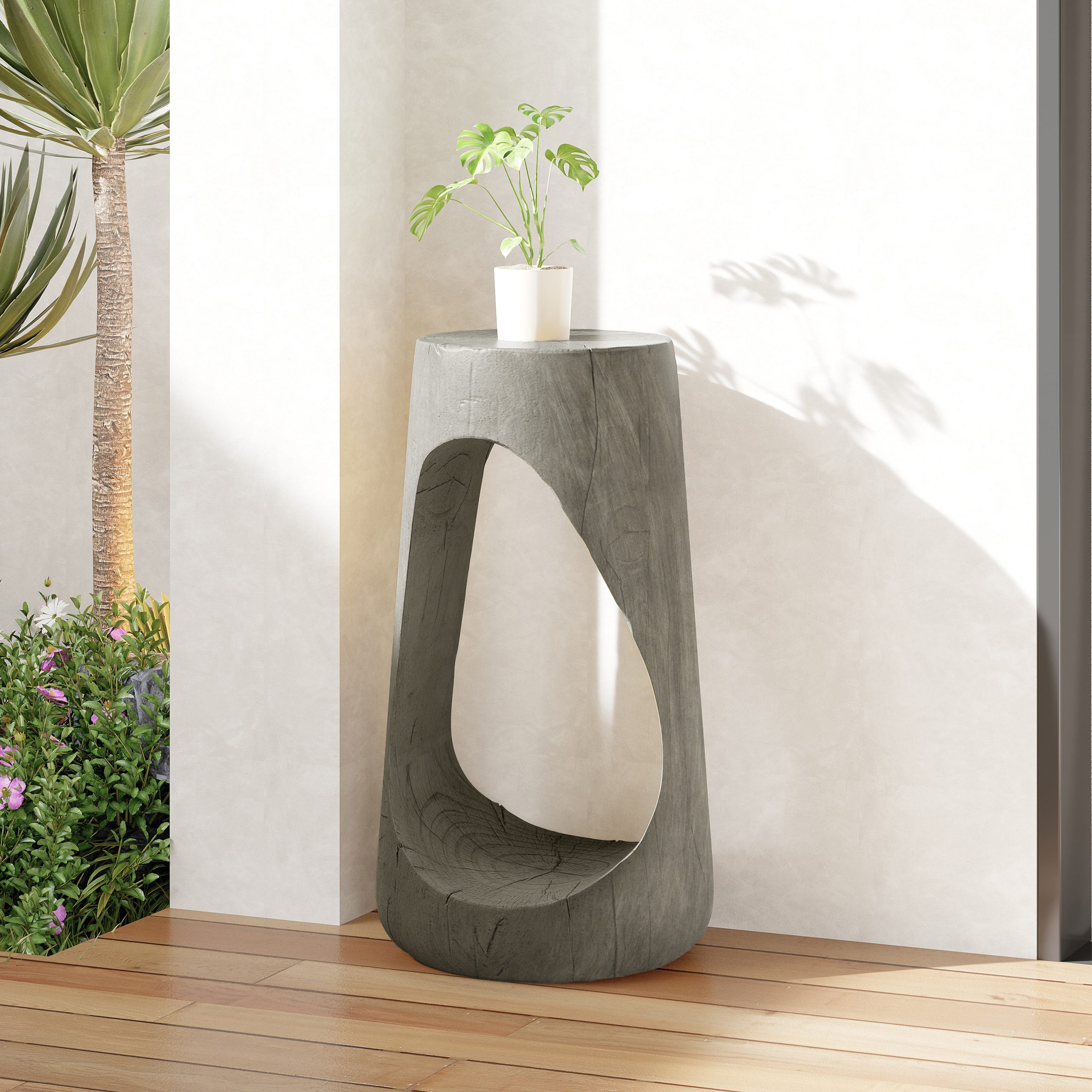 Outdoor Side Table,Hollow Design End Table,Patio Garden Stool Table,Decorative Accent Table for Patio Balcony Beach Pool Side,Lightweight Concrete,Wood Like Texture,Grey Color - Image 3