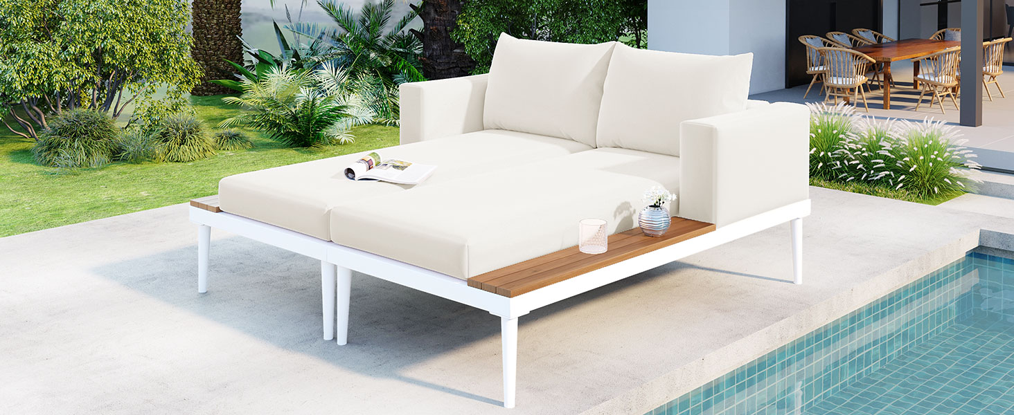 TOPMAX Modern Outdoor Daybed Patio Metal Daybed with Wood Topped Side Spaces for Drinks, 2 in 1 Padded Chaise Lounges for Poolside, Balcony, Deck, Beige - Image 3