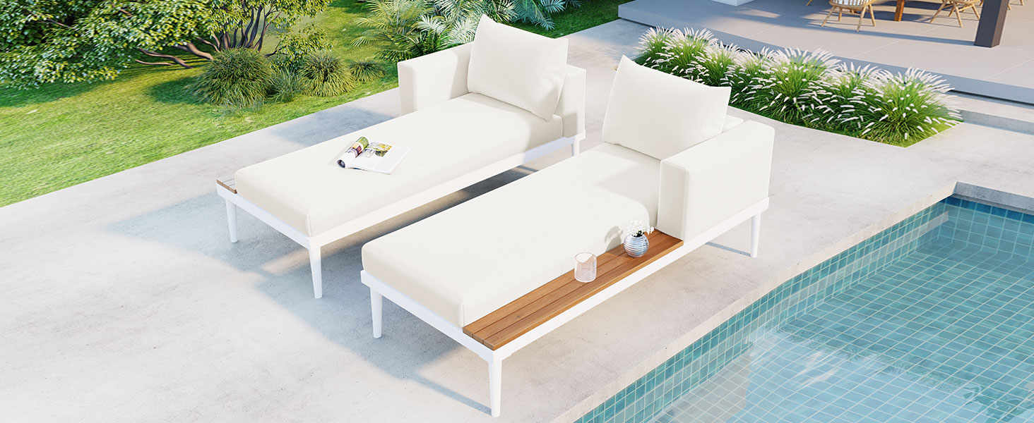 TOPMAX Modern Outdoor Daybed Patio Metal Daybed with Wood Topped Side Spaces for Drinks, 2 in 1 Padded Chaise Lounges for Poolside, Balcony, Deck, Beige - Image 4