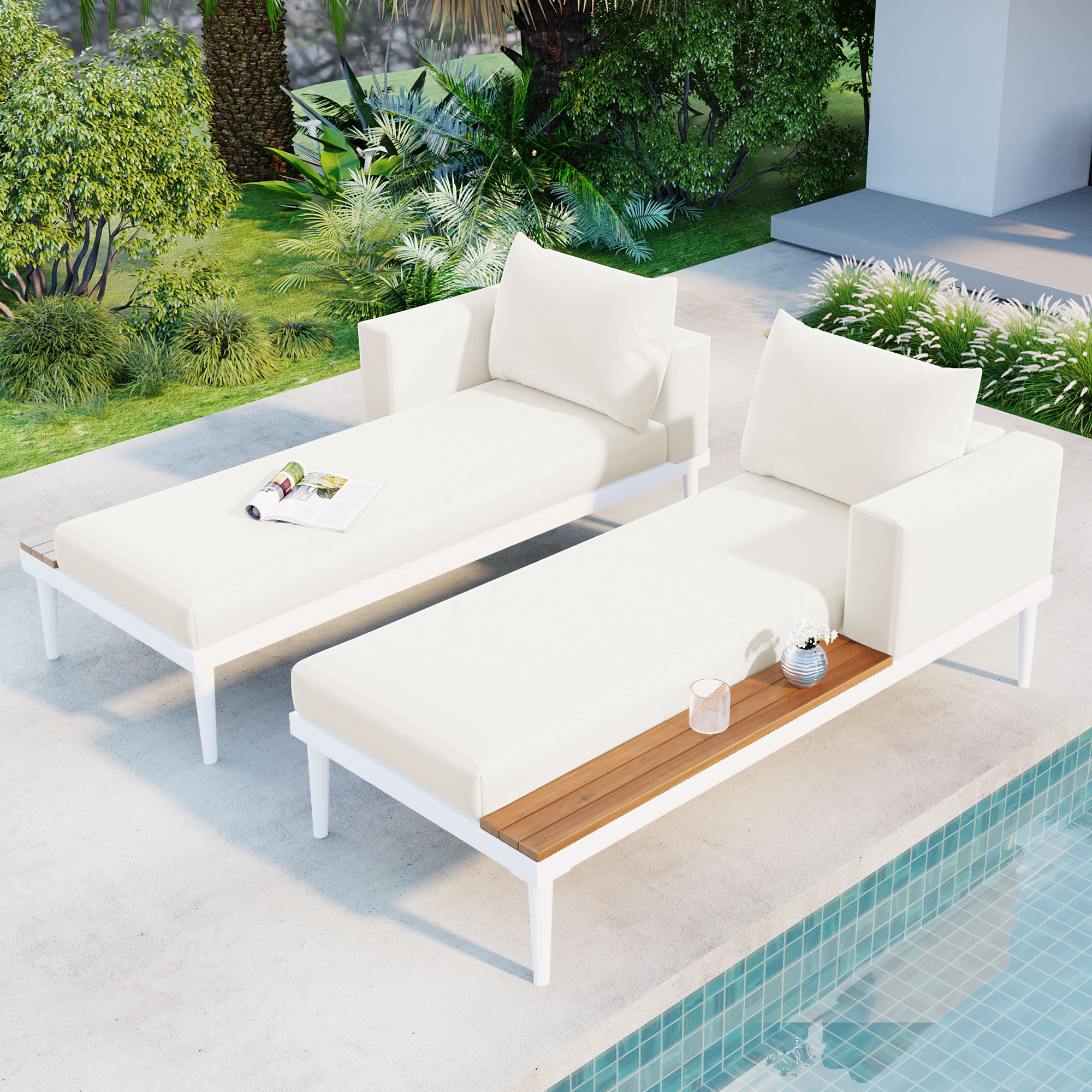 TOPMAX Modern Outdoor Daybed Patio Metal Daybed with Wood Topped Side Spaces for Drinks, 2 in 1 Padded Chaise Lounges for Poolside, Balcony, Deck, Beige - Image 5