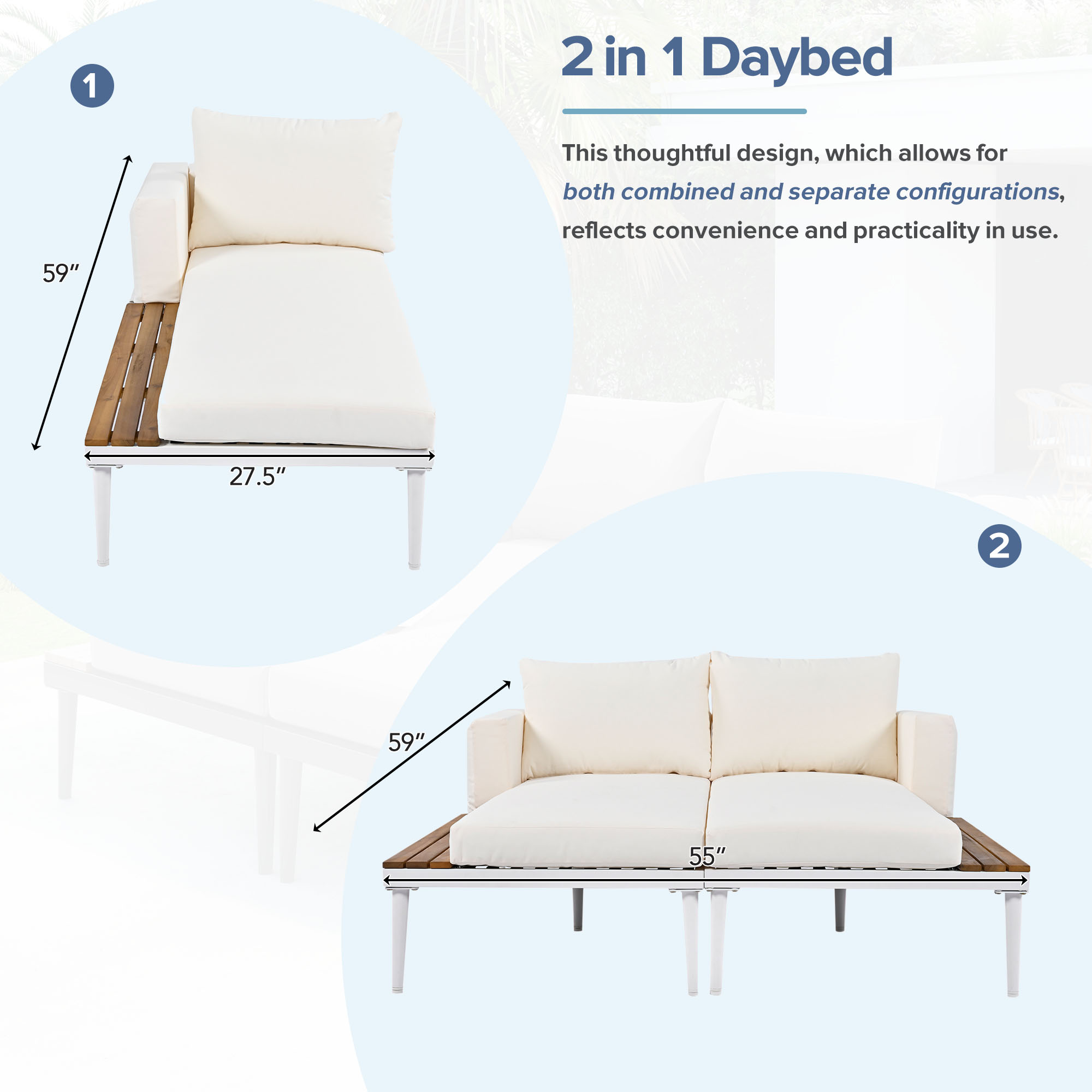 TOPMAX Modern Outdoor Daybed Patio Metal Daybed with Wood Topped Side Spaces for Drinks, 2 in 1 Padded Chaise Lounges for Poolside, Balcony, Deck, Beige - Image 6