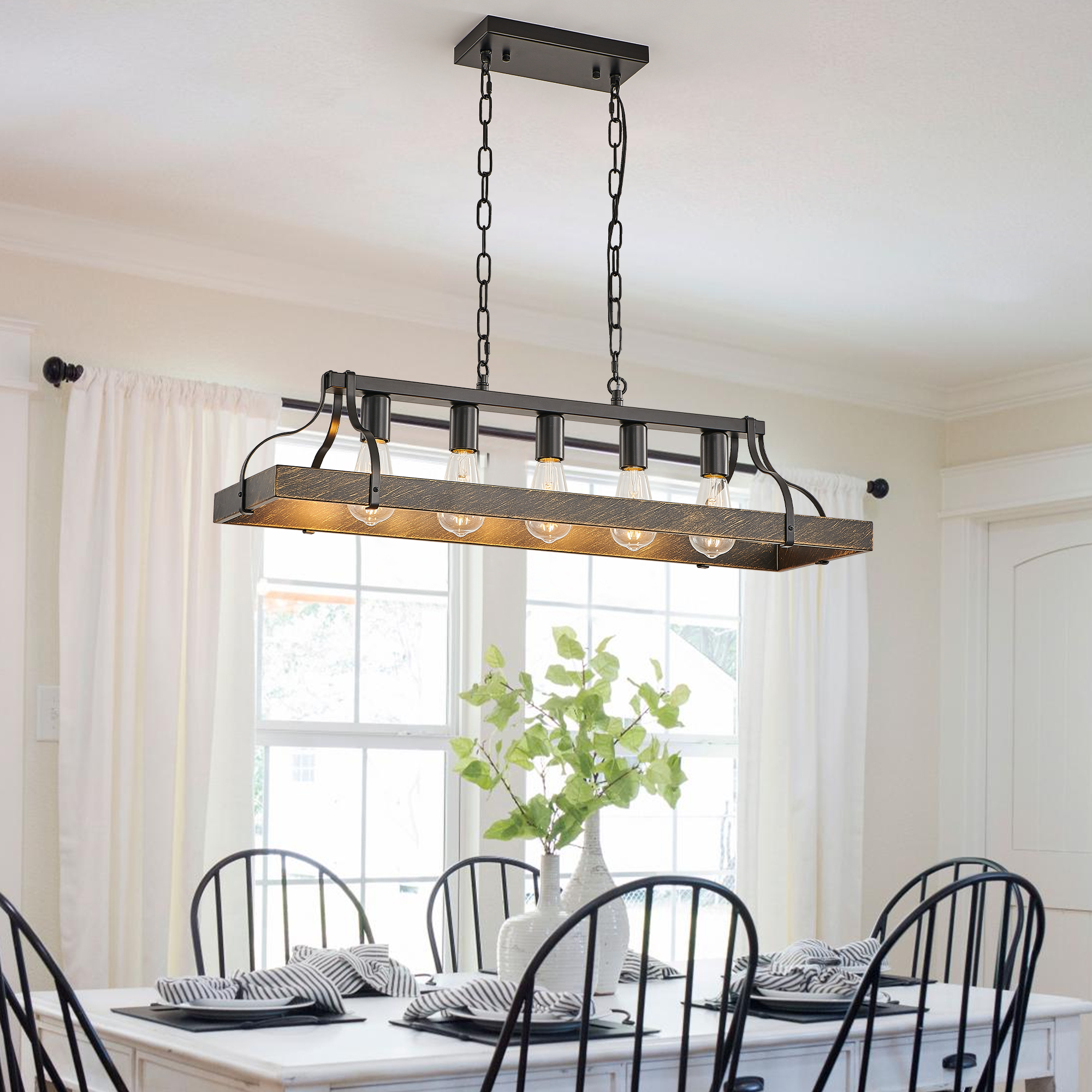 34-Inch Black Gold Vintage Pendant Light, 5 E26 Bulb Sockets, Adjustable Chain Height – Antique Style Chandelier for Dining Room, Kitchen, or Living Room (Bulb Not Included) - Image 2