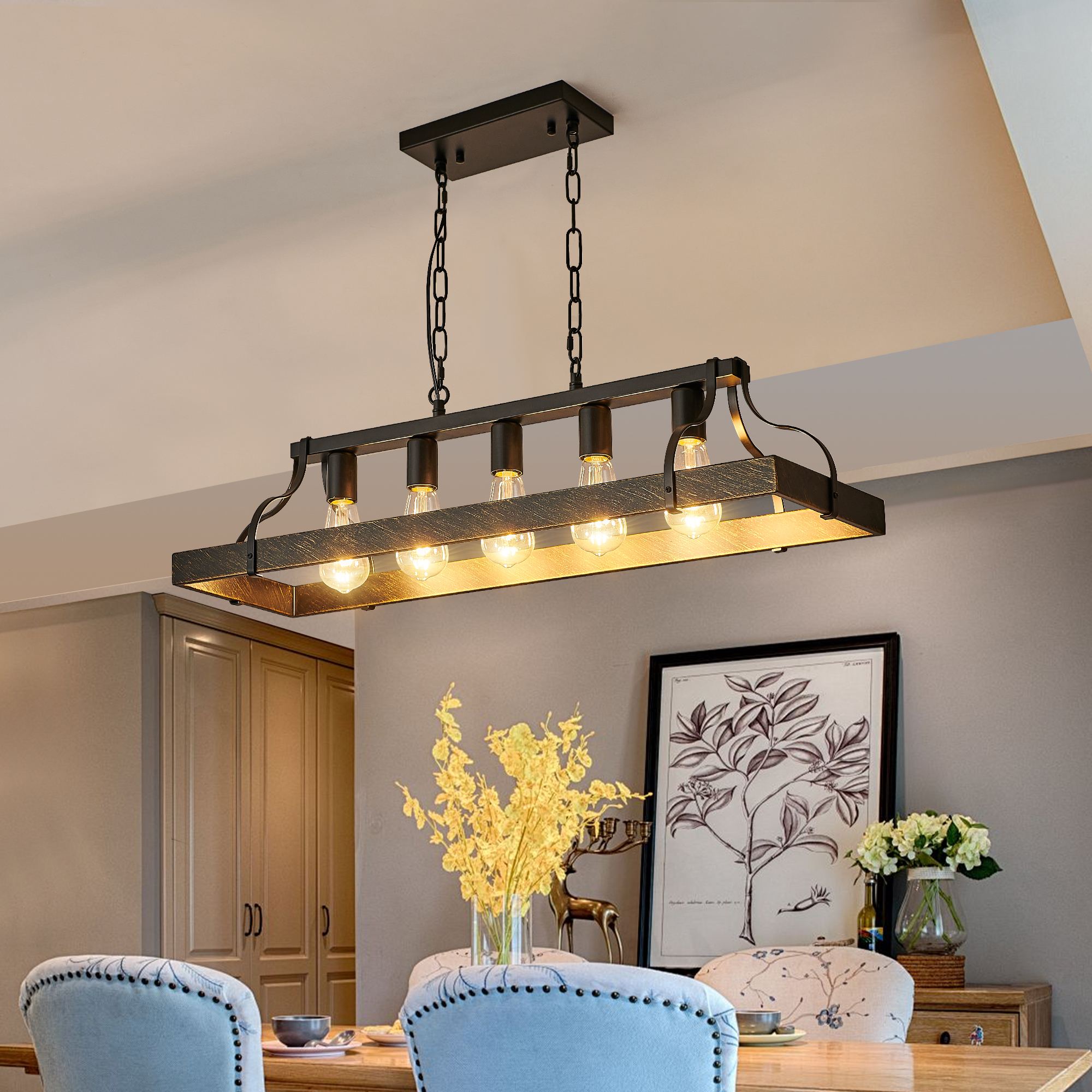 34-Inch Black Gold Vintage Pendant Light, 5 E26 Bulb Sockets, Adjustable Chain Height – Antique Style Chandelier for Dining Room, Kitchen, or Living Room (Bulb Not Included) - Image 4