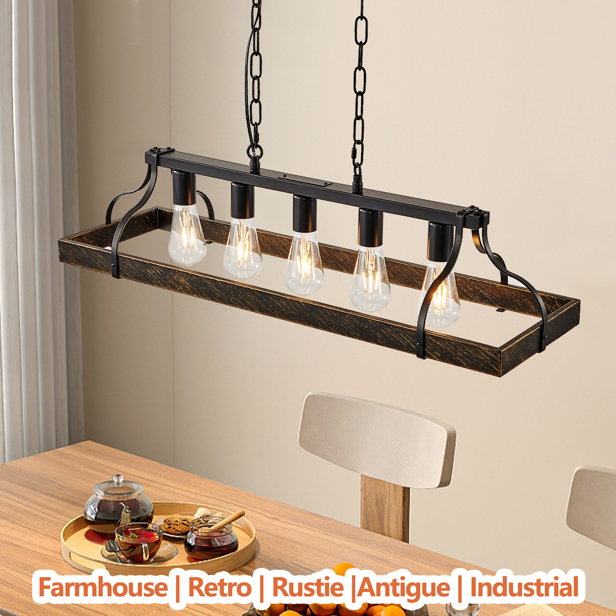 34-Inch Black Gold Vintage Pendant Light, 5 E26 Bulb Sockets, Adjustable Chain Height – Antique Style Chandelier for Dining Room, Kitchen, or Living Room (Bulb Not Included) - Image 5