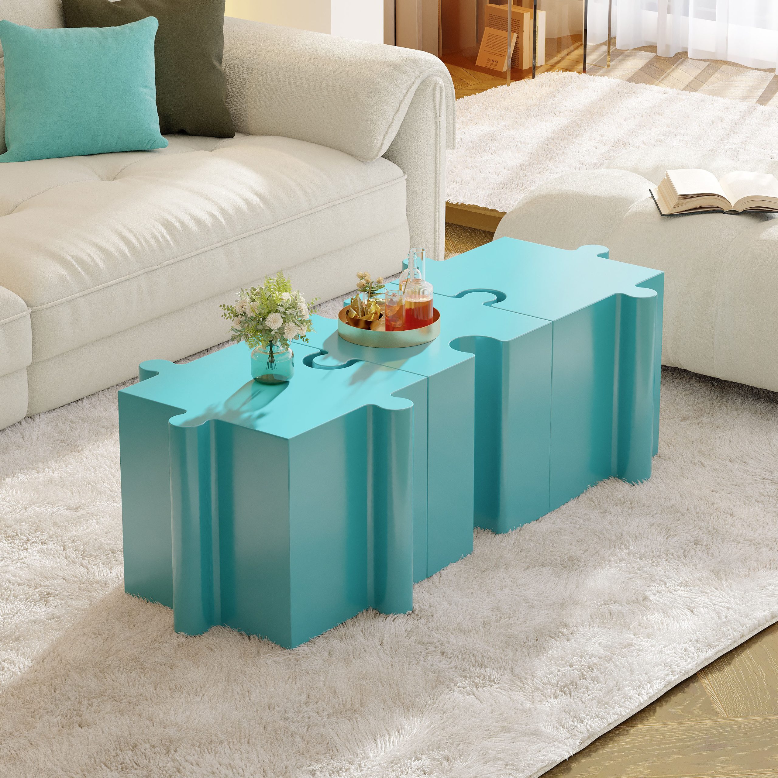 3-Piece Artistic Puzzle Table Set,Modular MGO Side Tables with Interlocking Design (2 Convex & 1 Concave), 200lb Capacity for Indoor & Outdoor,Light Blue Color