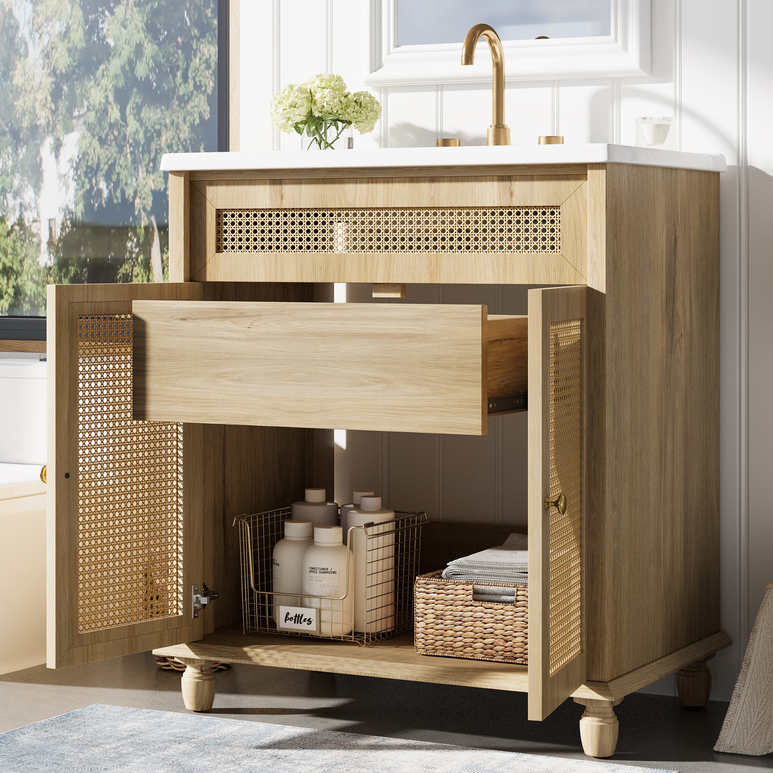 30-Inch Bathroom Vanity: Handwoven Rattan Doors, Solid Wood Legs & Resin Basin - Image 2