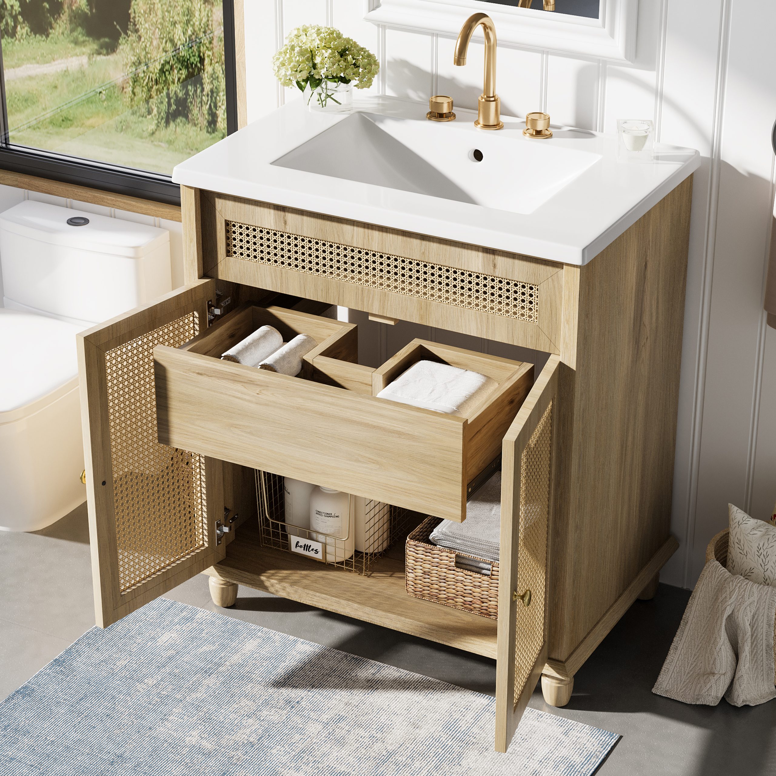 30-Inch Bathroom Vanity: Handwoven Rattan Doors, Solid Wood Legs & Resin Basin - Image 3