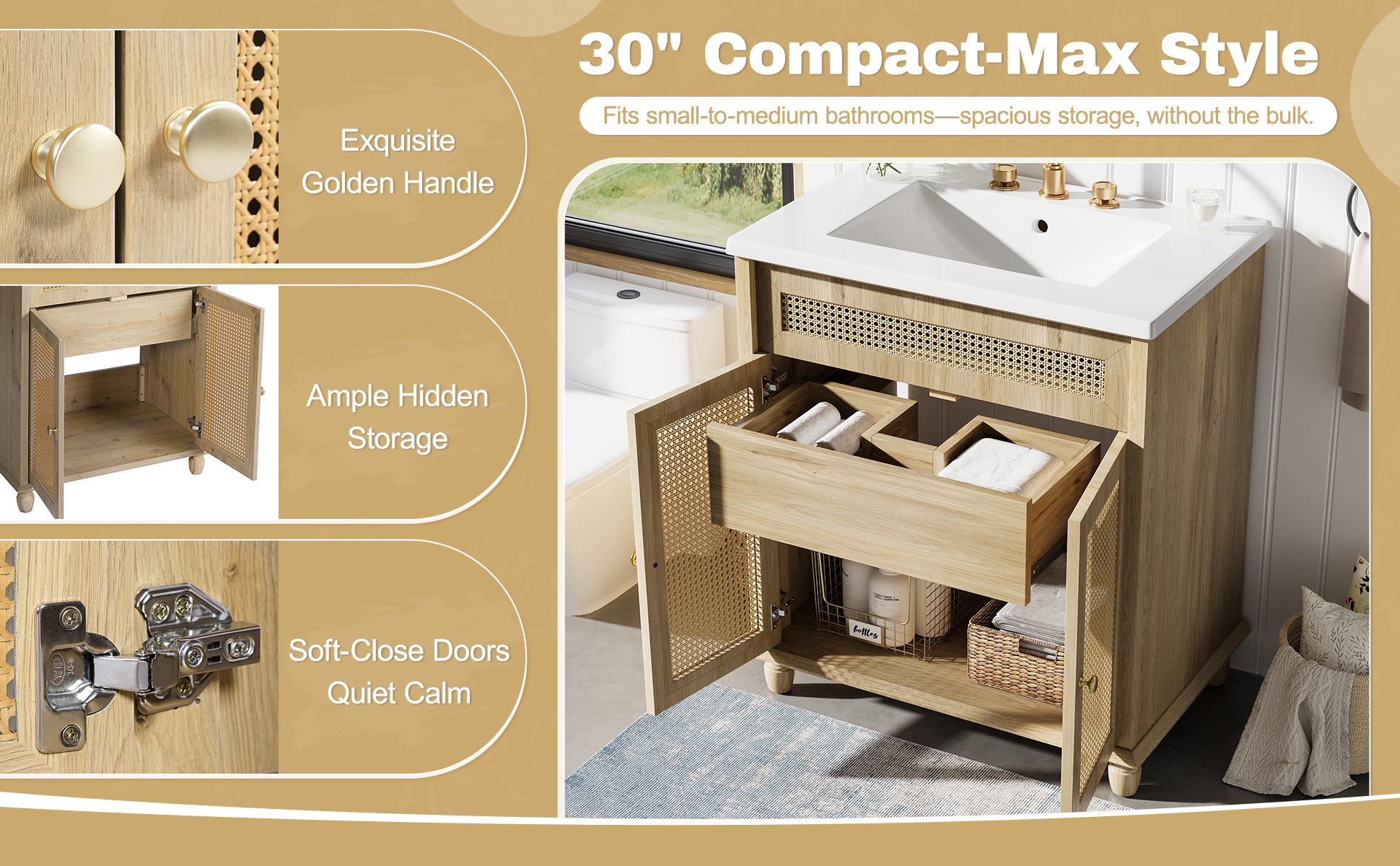 30-Inch Bathroom Vanity: Handwoven Rattan Doors, Solid Wood Legs & Resin Basin - Image 4