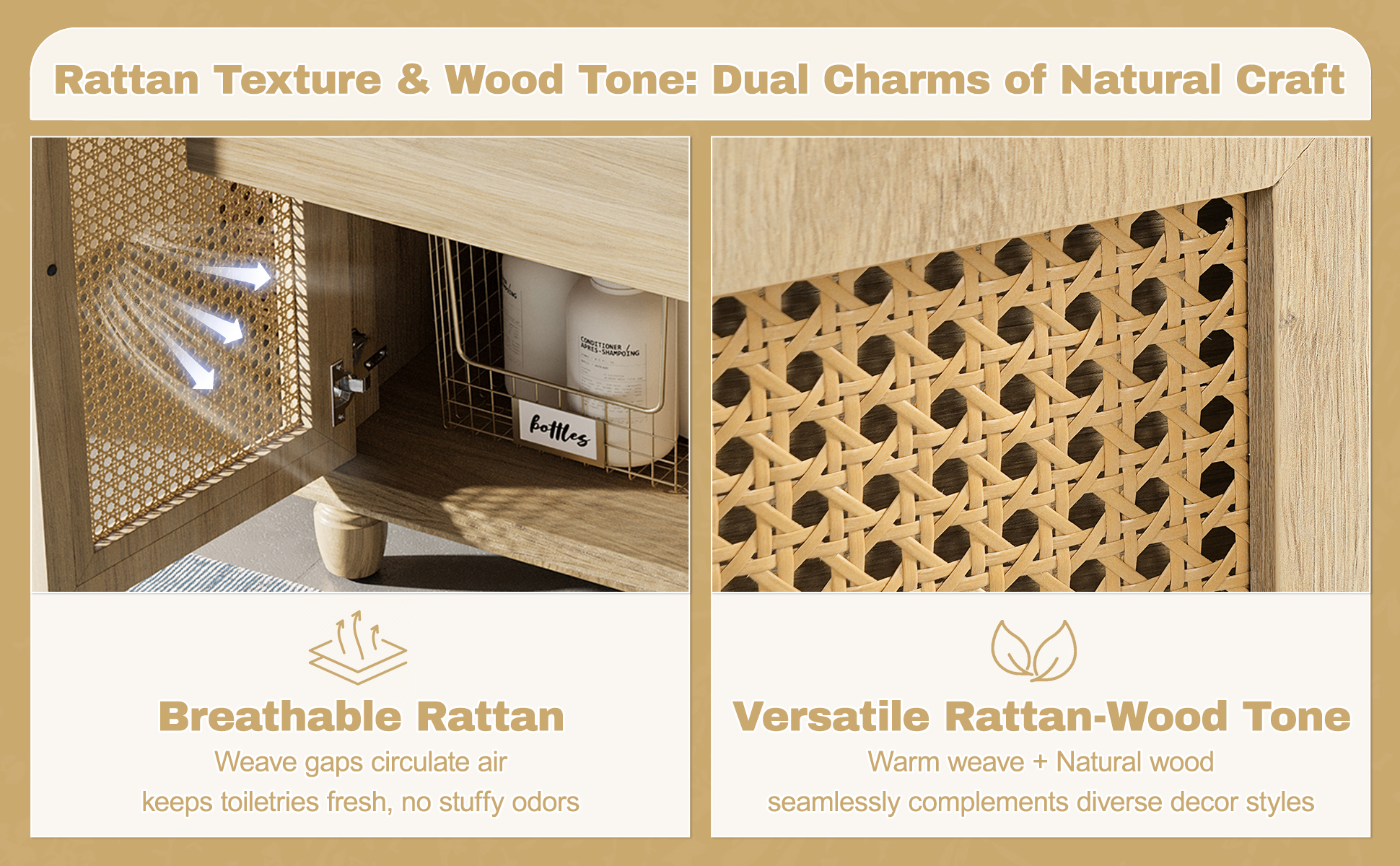 30-Inch Bathroom Vanity: Handwoven Rattan Doors, Solid Wood Legs & Resin Basin - Image 5
