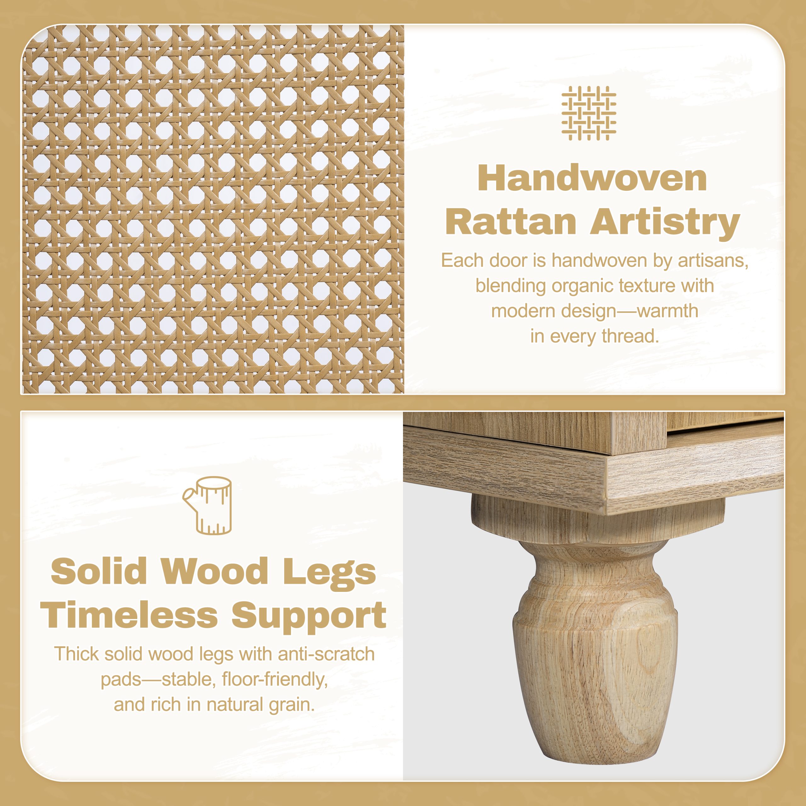 30-Inch Bathroom Vanity: Handwoven Rattan Doors, Solid Wood Legs & Resin Basin - Image 6