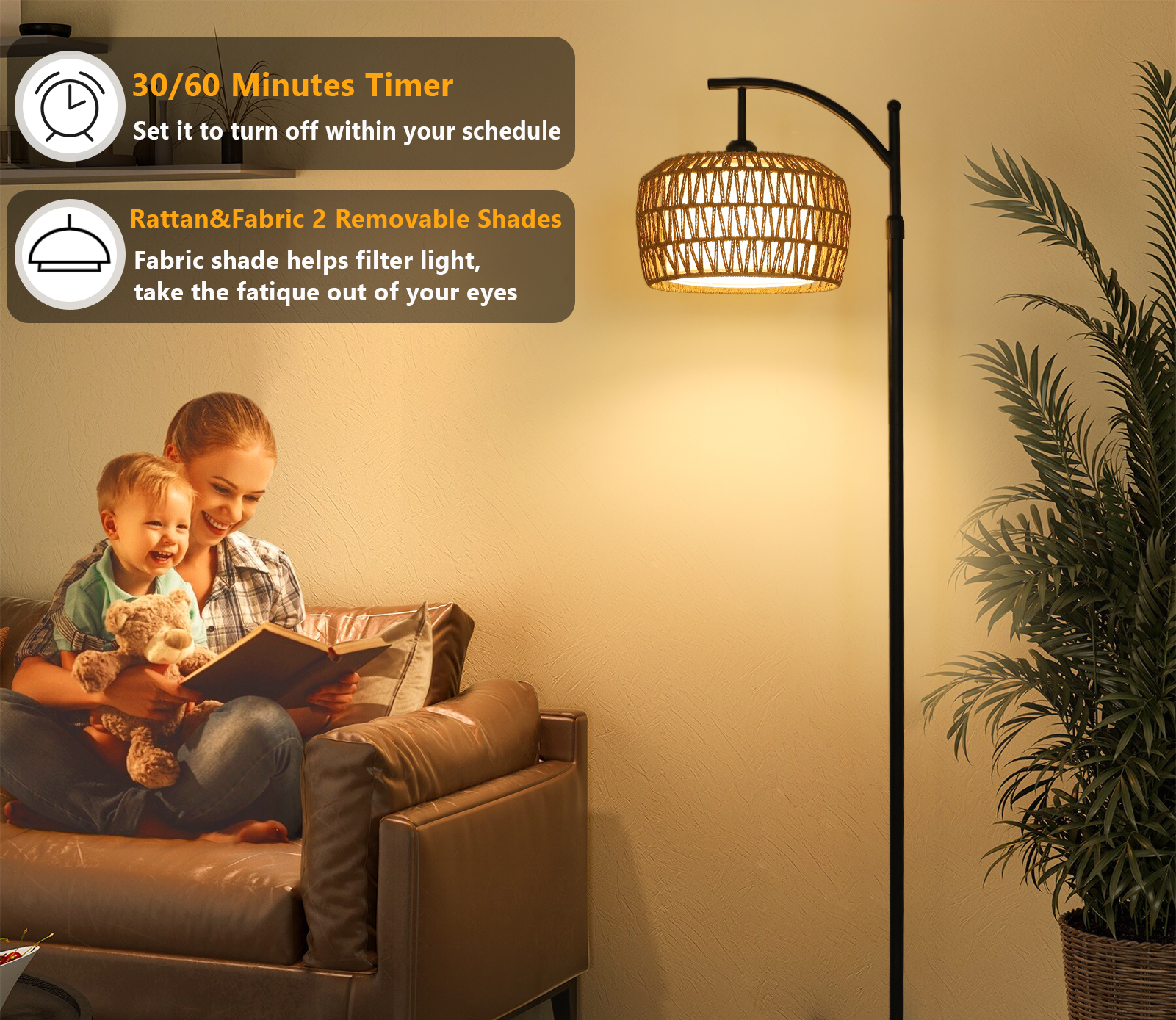 Arc Floor Lamps for Living Room, Dimmable Rattan Floor Lamp with Remote & LED Bulb, Mid Century Modern Standing Lamp with Double Shades, Boho Farmhouse Tall Pole Lamps for Bedroom Office - Image 2