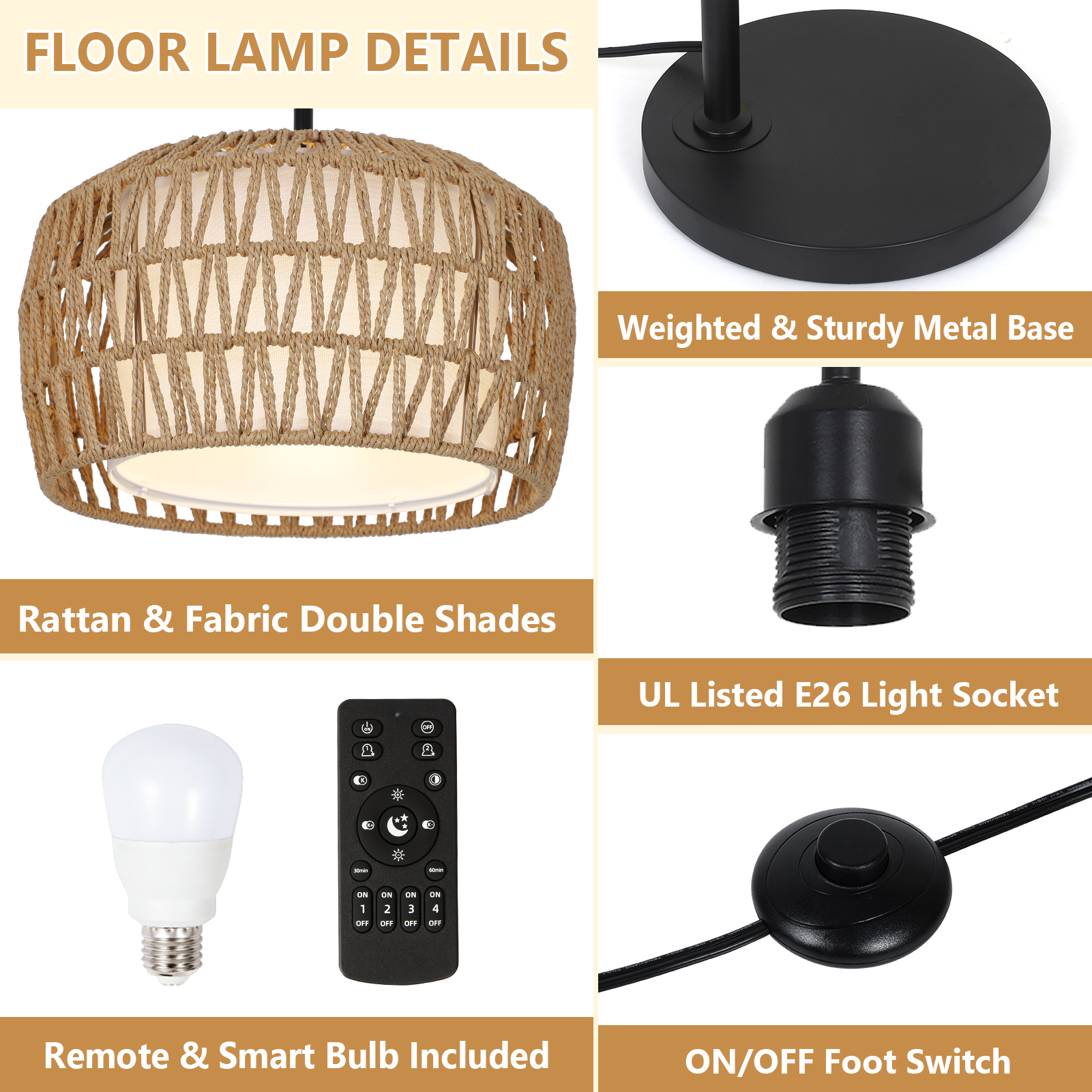 Arc Floor Lamps for Living Room, Dimmable Rattan Floor Lamp with Remote & LED Bulb, Mid Century Modern Standing Lamp with Double Shades, Boho Farmhouse Tall Pole Lamps for Bedroom Office - Image 3