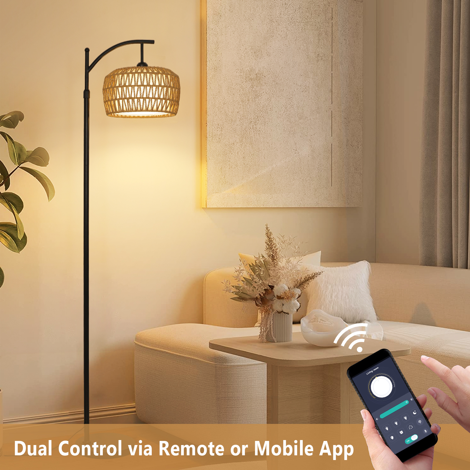 Arc Floor Lamps for Living Room, Dimmable Rattan Floor Lamp with Remote & LED Bulb, Mid Century Modern Standing Lamp with Double Shades, Boho Farmhouse Tall Pole Lamps for Bedroom Office - Image 4