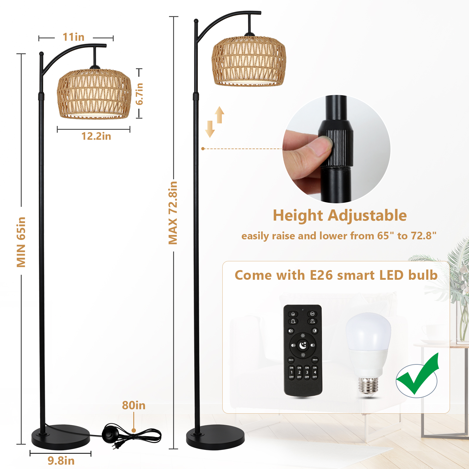 Arc Floor Lamps for Living Room, Dimmable Rattan Floor Lamp with Remote & LED Bulb, Mid Century Modern Standing Lamp with Double Shades, Boho Farmhouse Tall Pole Lamps for Bedroom Office - Image 6